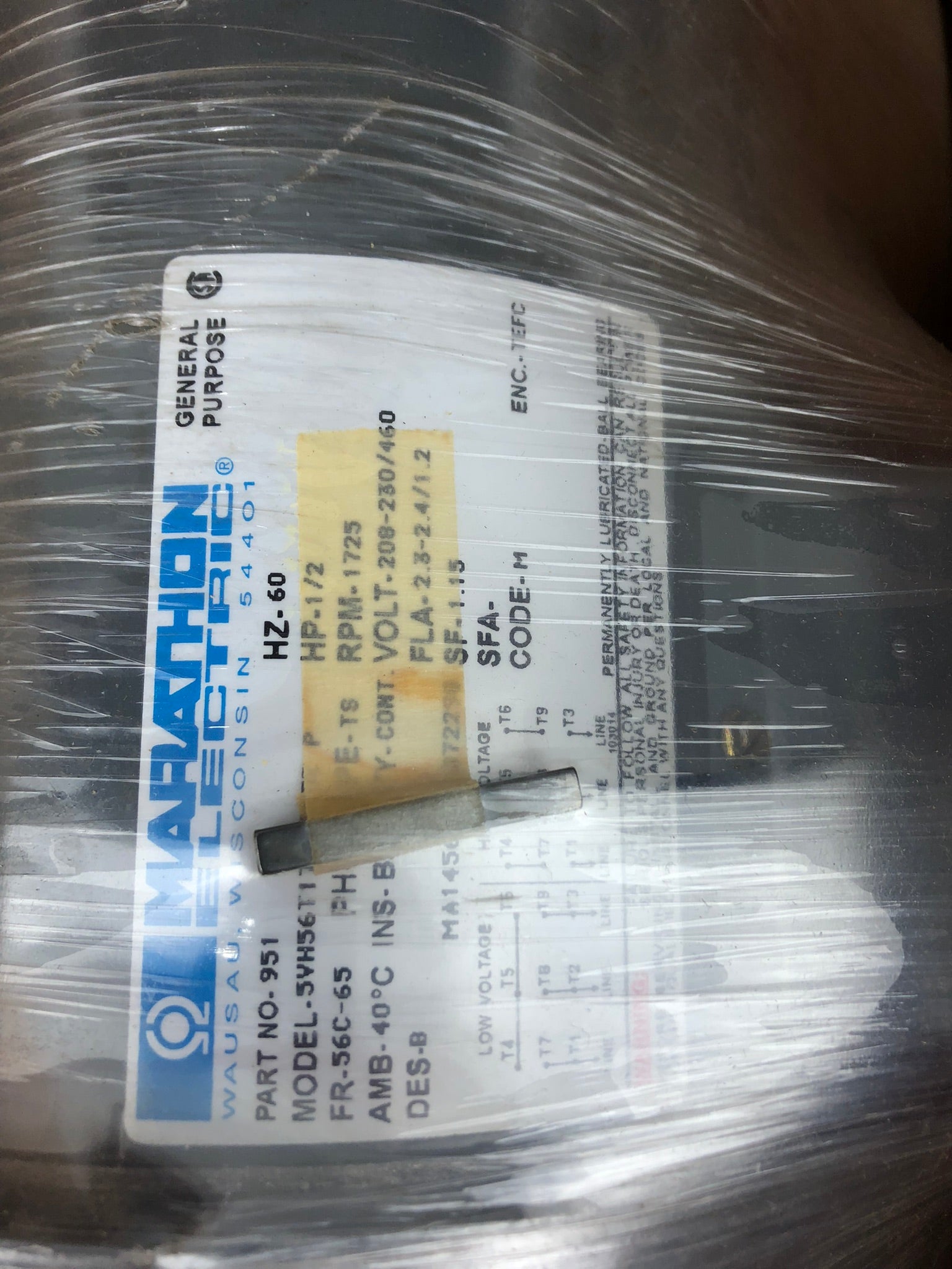 Marathon 56T17F5515 Electric Motor 1/2 HP 1725 RPM 3 Phase 208-230/460V 951