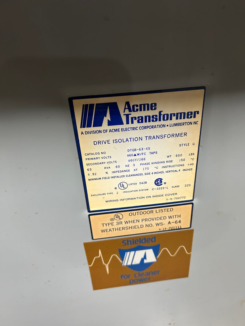 Acme DTGB-63-4S Drive Isolation Transformer 63kVA Style G 3PH 460V 460Y/266V