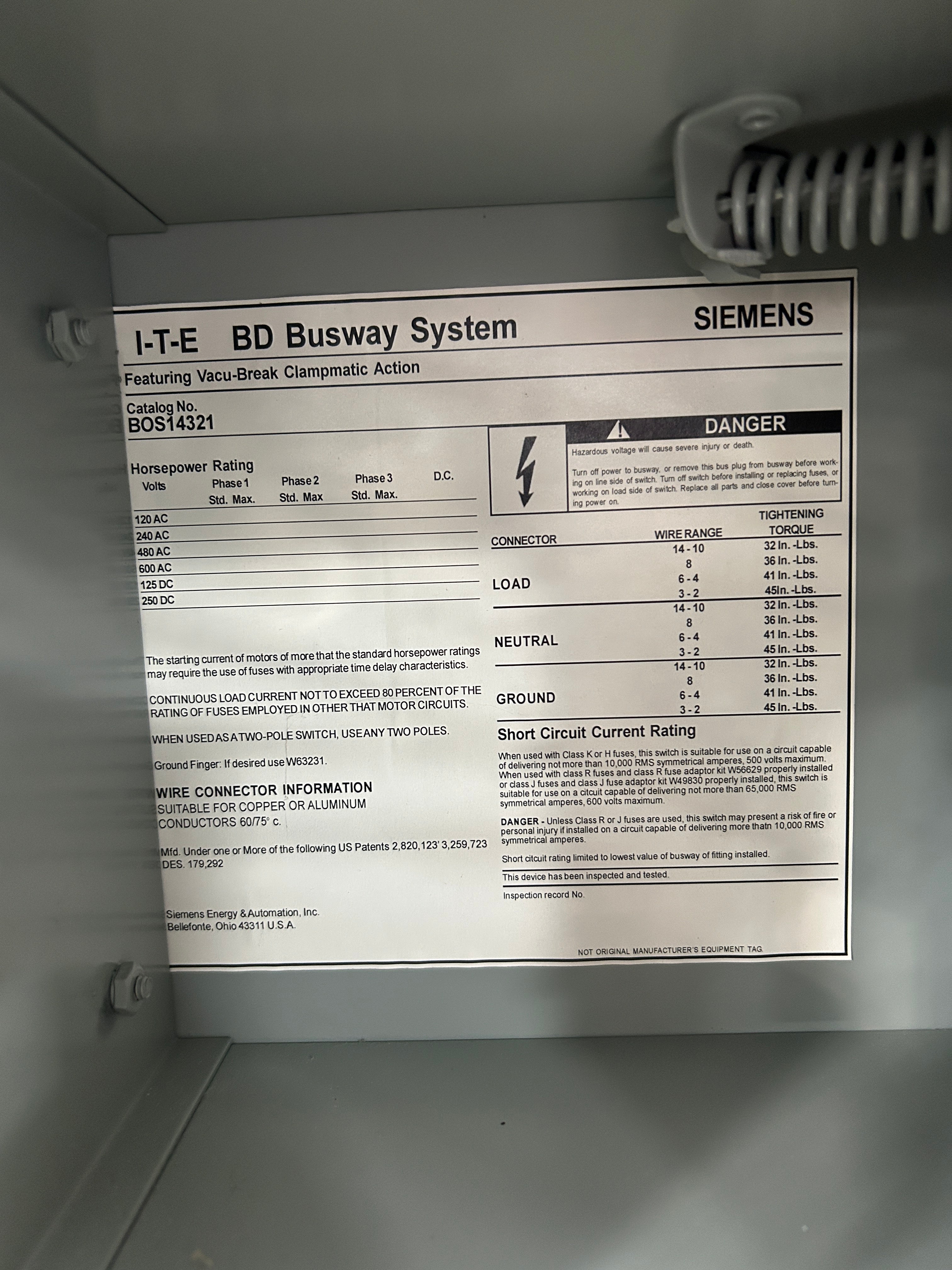 ITE BOS14321 BD Bus Switch Plug 30A 240V 3PH