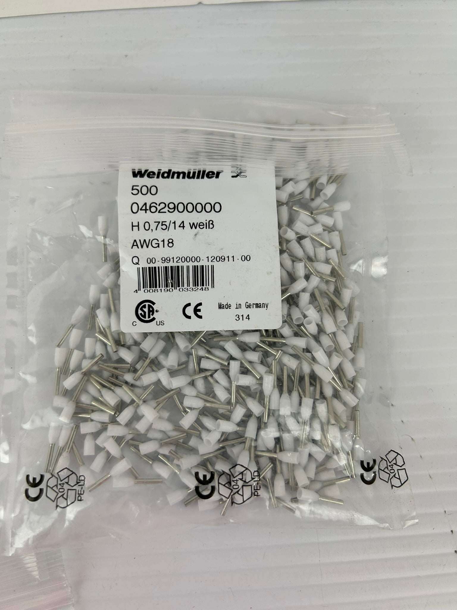 Weidmuller 0462900000 Wire-End Ferrule White - Lot of 1500