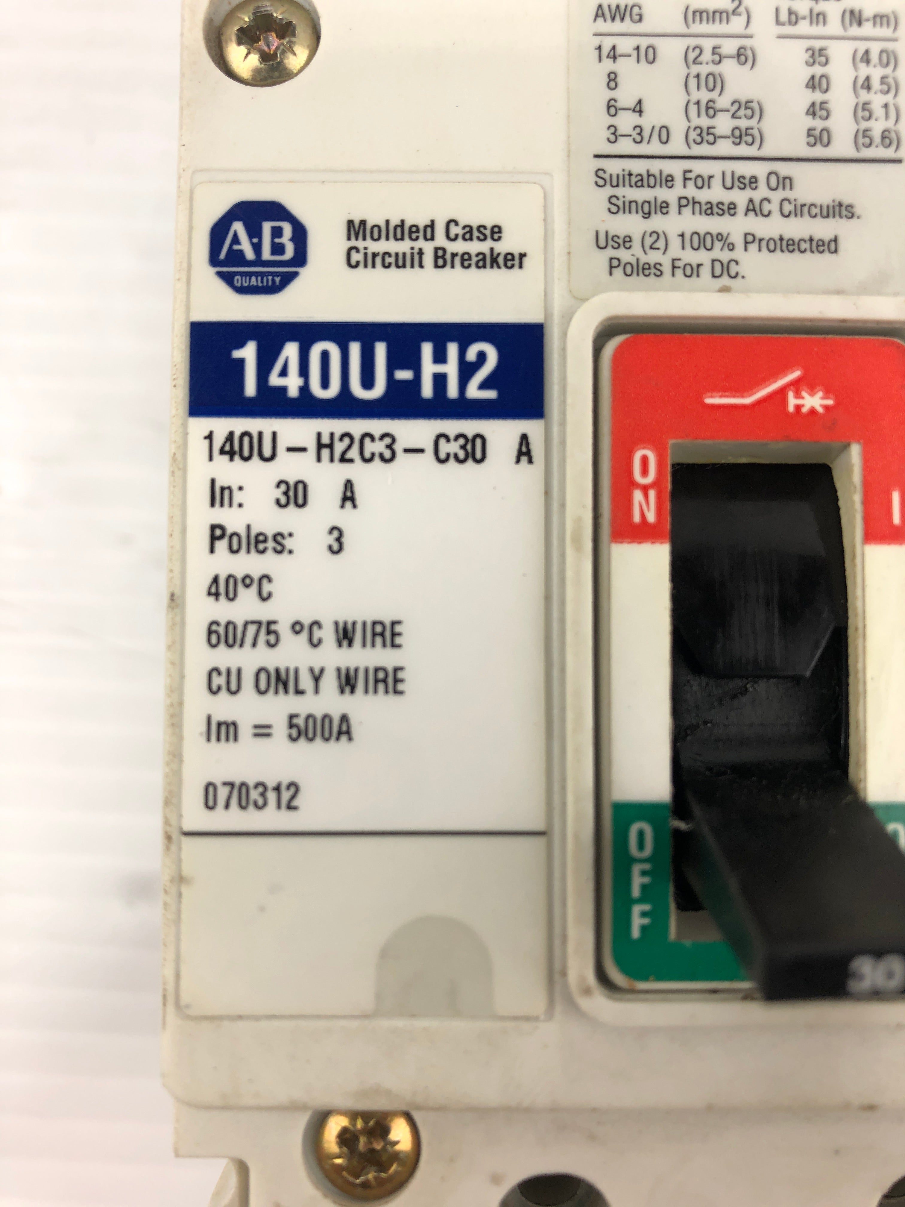 Allen-Bradley 140U-H2 Molded Case Circuit Breaker 30A