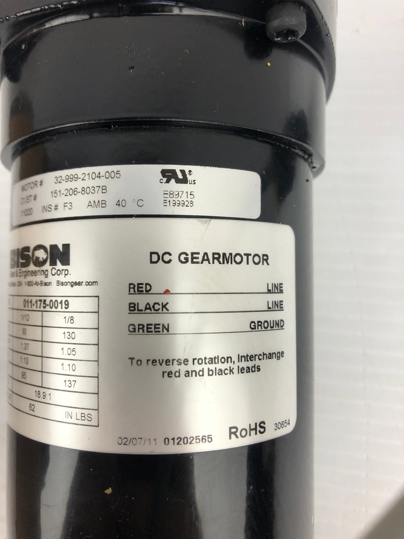 Bison 011-175-0019 Gear Motor 18.9:1 Ratio 1/10-1/8 HP 90-130 Volts 95-137 RPM