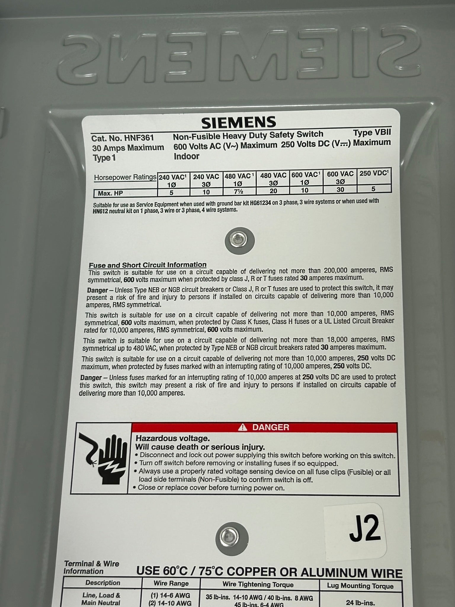Siemens HNF361 Non-Fusible Heavy Duty Safety Switch 30A 600VAC 250VDC Indoor