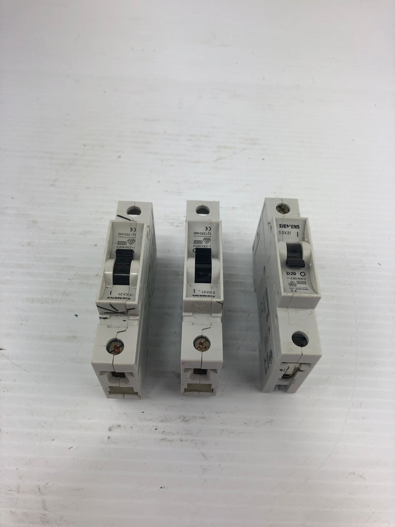 Siemens 5SX21 Circuit Breaker D20 20 Amp - Lot of 3