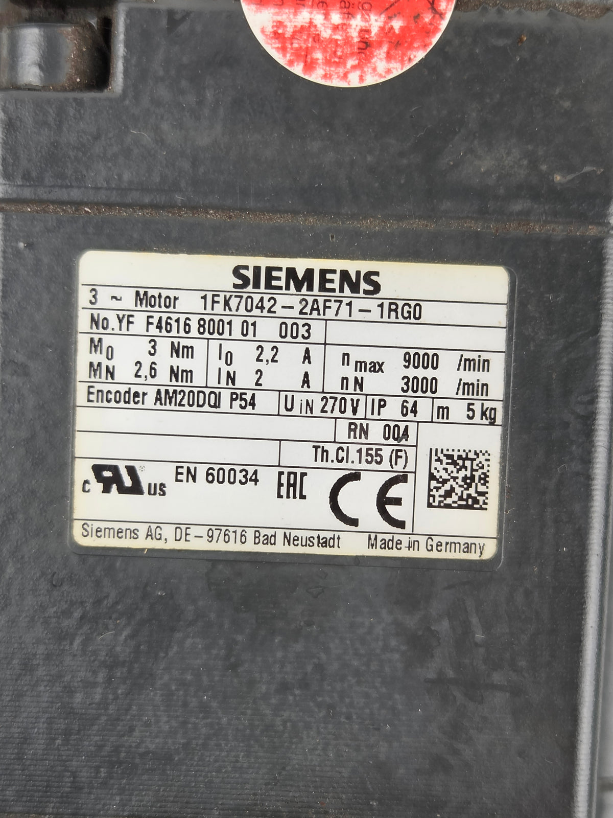 Siemens 1FK7042-2AF71-1RG0 SIMOTICS 3PH Servo Motor 270V 3000/9000 RPM