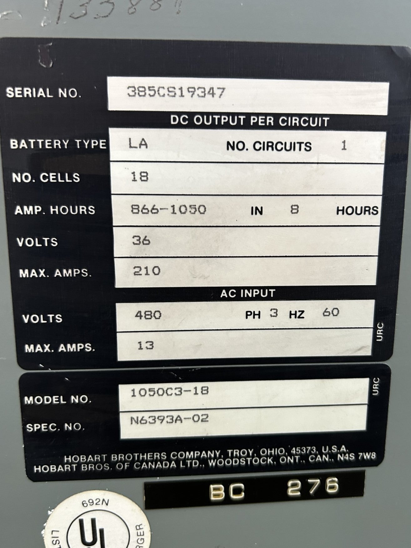 Hobart Accu-Charger 1050C3-18 Forklift Battery Charger 18 Cells LA Type 36V