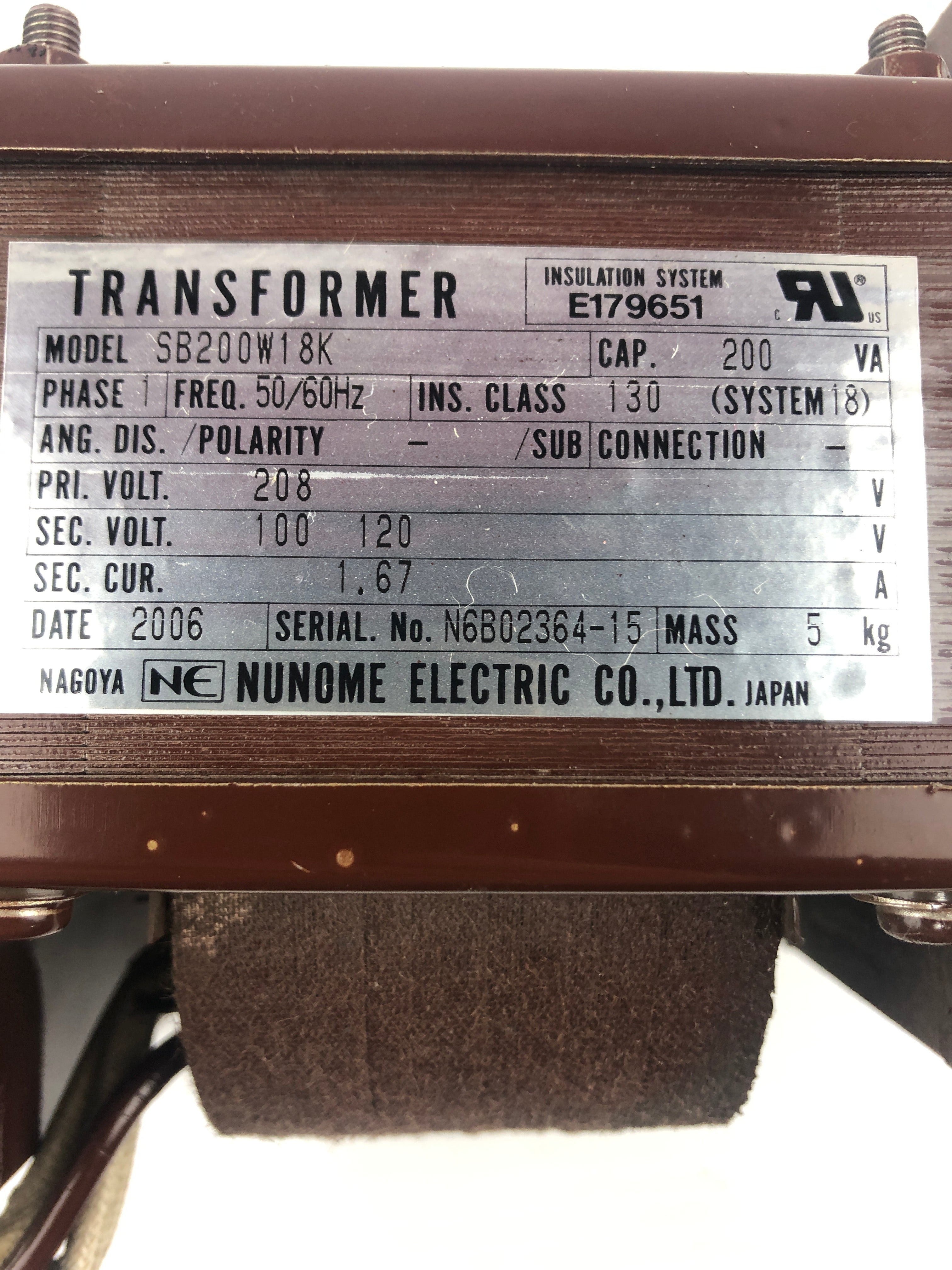 Nunome SB200W18K Transformer 200VA 1 PH