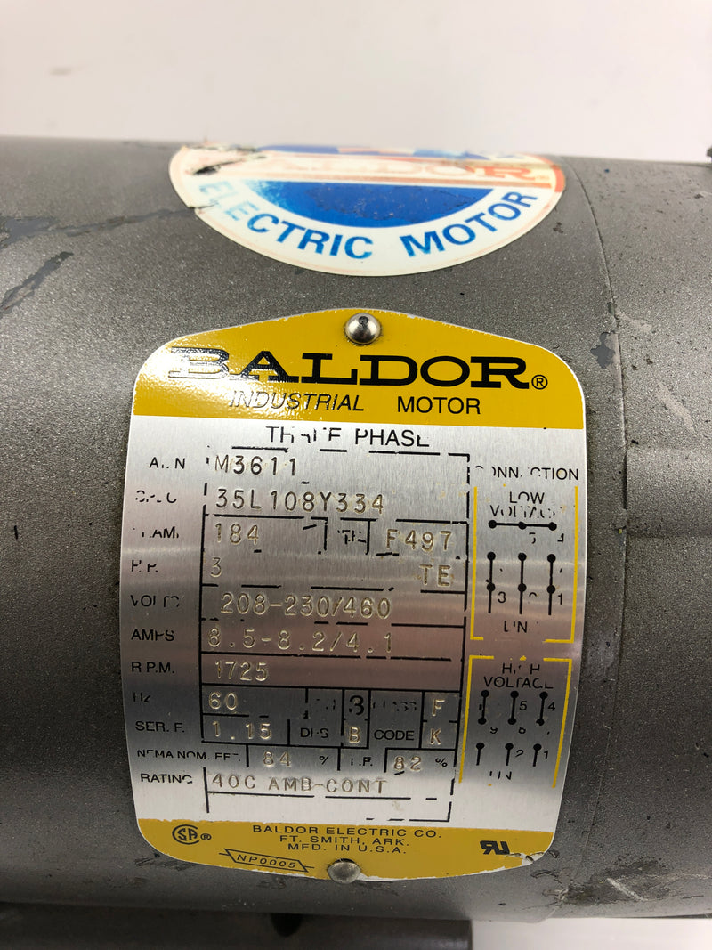 Baldor Electric M3611 Industrial Motor 3HP 184 Frame 1725RPM 3PH