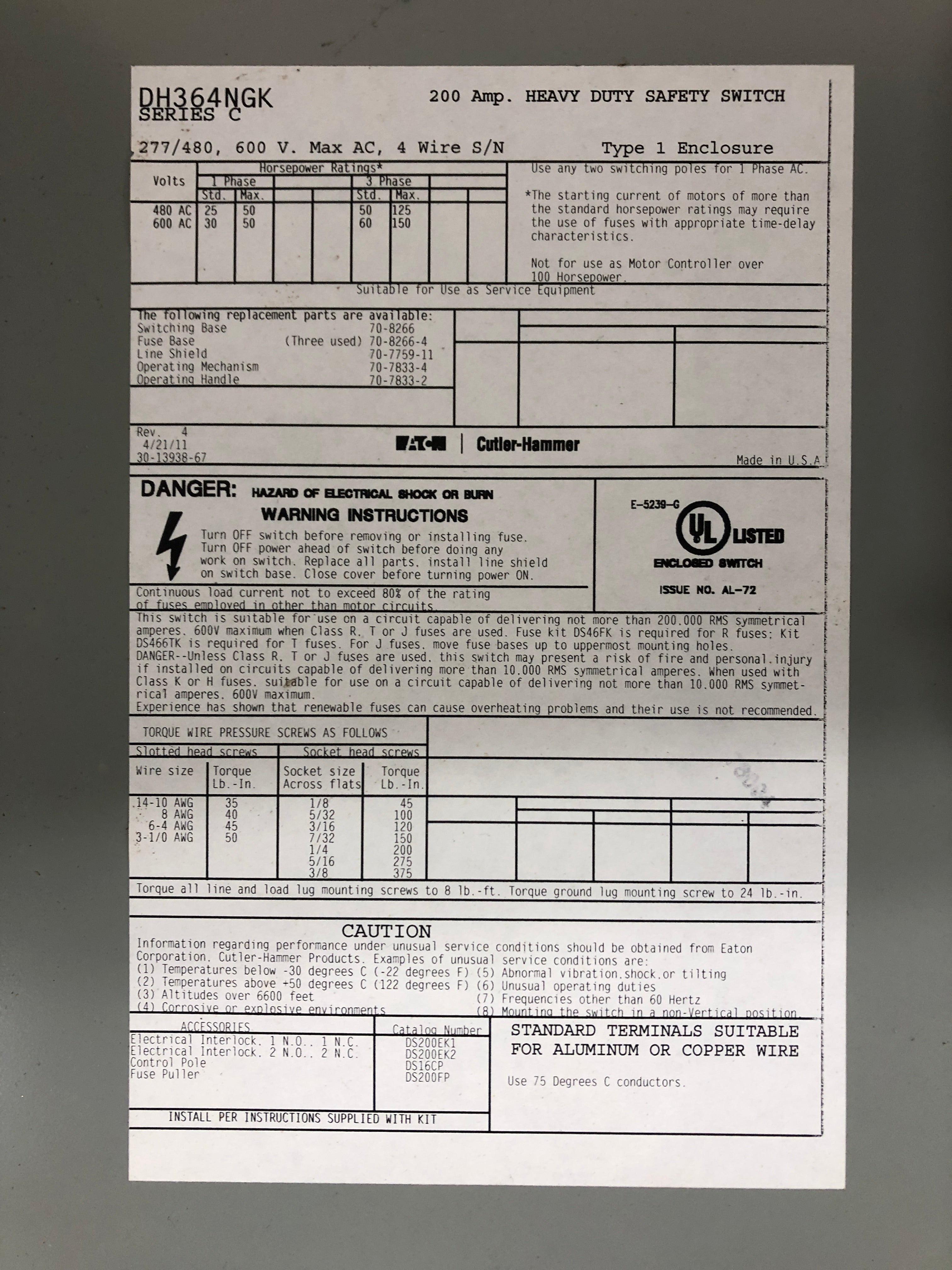 Eaton Cutler-Hammer DH364NGK Heavy Duty Safety Switch 200A Series C Type 1