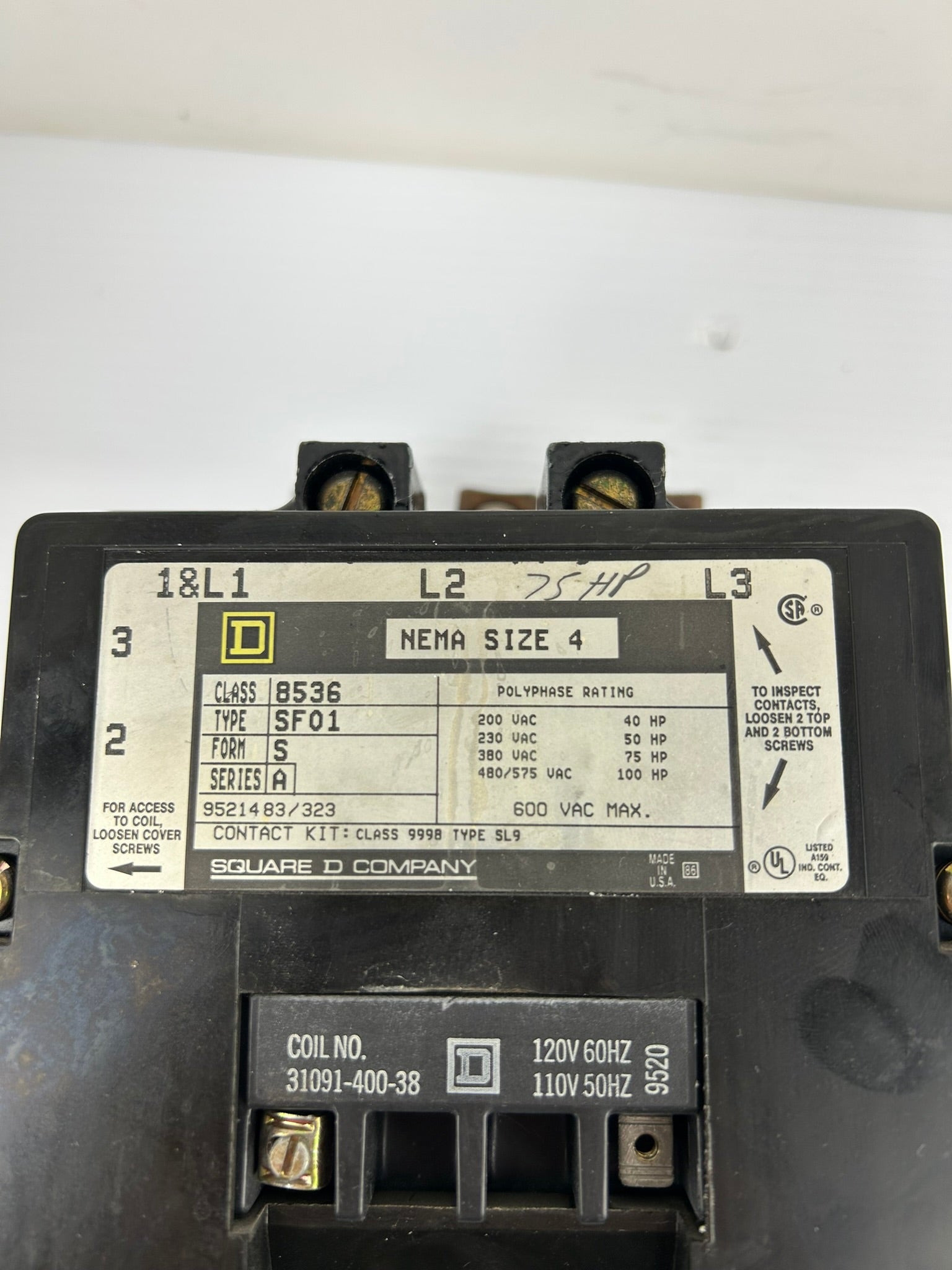 Square D 8536 SF01 Starter Contactor Series A Nema Size 4