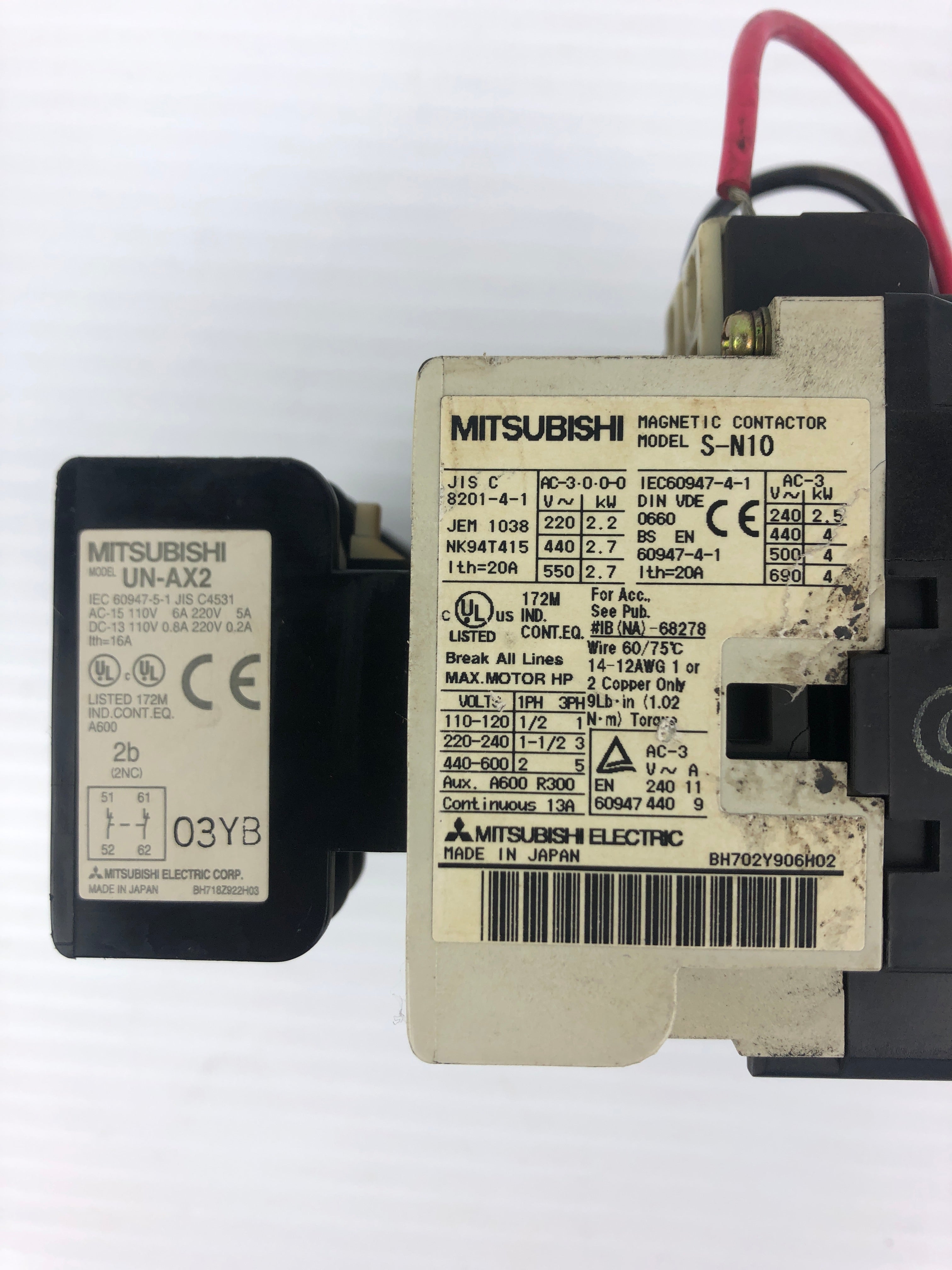 Mitsubishi S-N10 Magnetic Contactor UN-AX2 Auxiliary Contact Block - Lot of 2