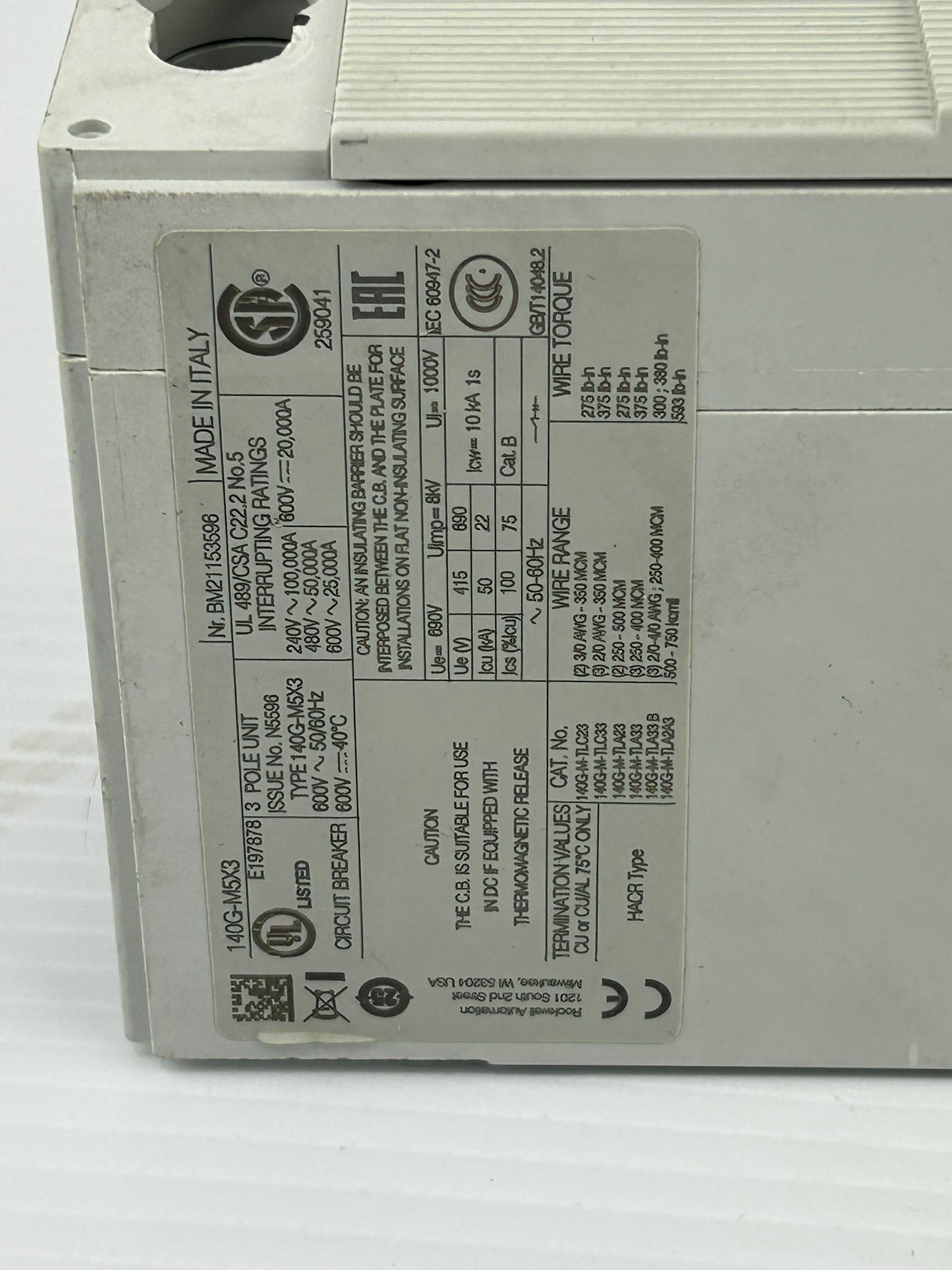 Allen Bradley 140G-M5F3-D80 Circuit Breaker with 140G-N7 /A On Off Switch