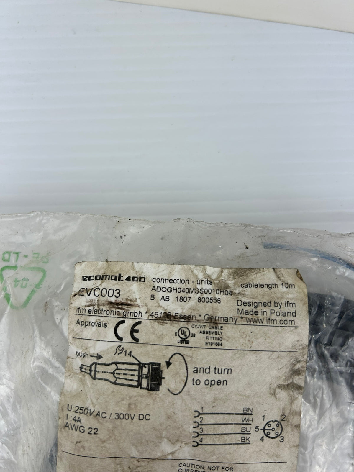 IFM EVC003 ADOGH040MSS0010H04 10M M12 Female Sensor Cable 4-Pin 250VAC