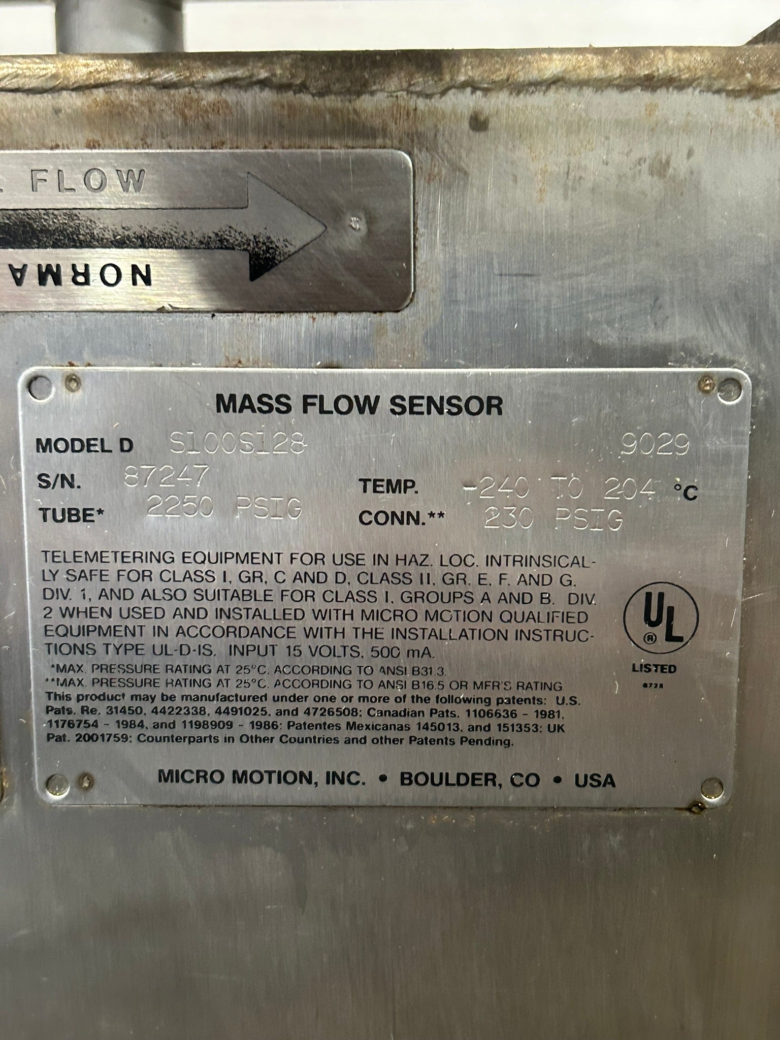 Micro Motion D S100S128 Mass Flow Sensor 2250PSIG 500mA 15V 1/2" Fitting