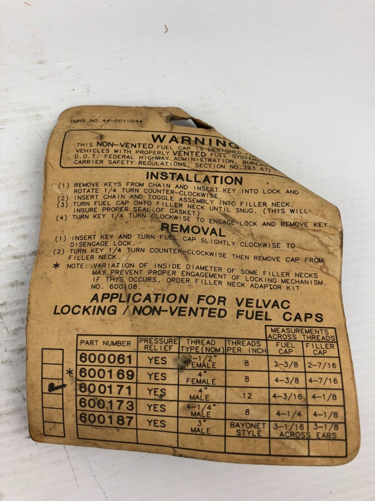 Velvac 600171 Locking Gas Cap Key #21