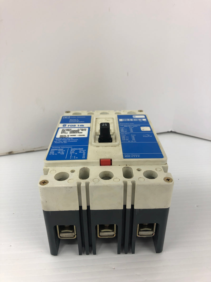 Cutler-Hammer FDB3025 Industrial Circuit Breaker FDB14K Ser. C 600VAC 25A 3P