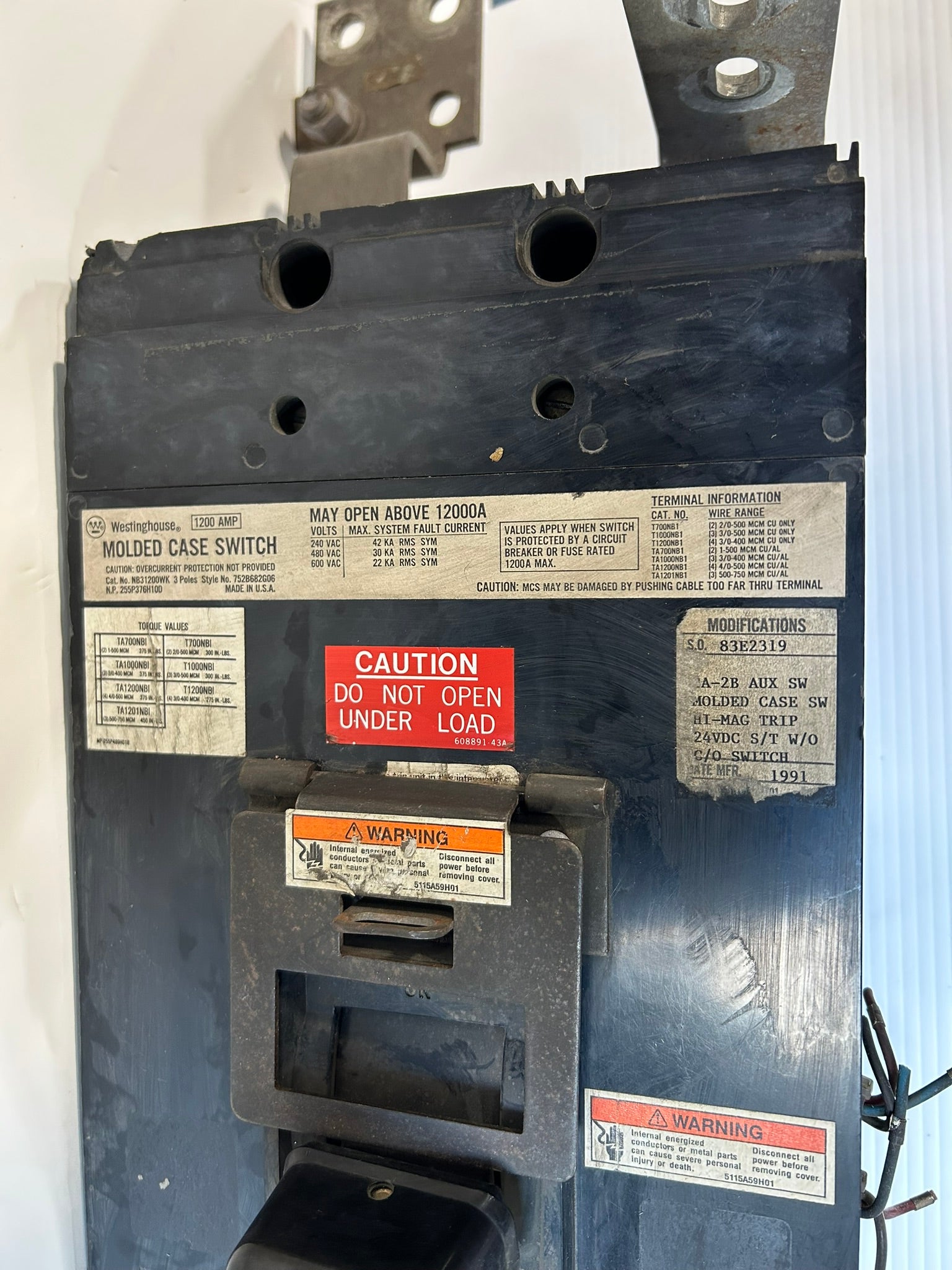 Westinghouse NB31200WK Molded Case Switch Circuit Breaker 1200 Amp 3-Pole 600V