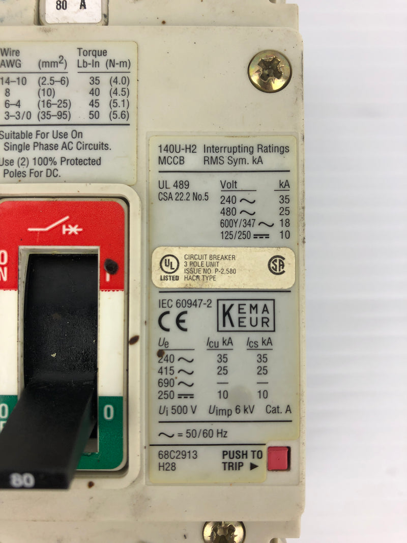 Allen-Bradley 140U-H2C3-C80 Molded Case Circuit Breaker 240-480V 80A 3PH 50/60Hz