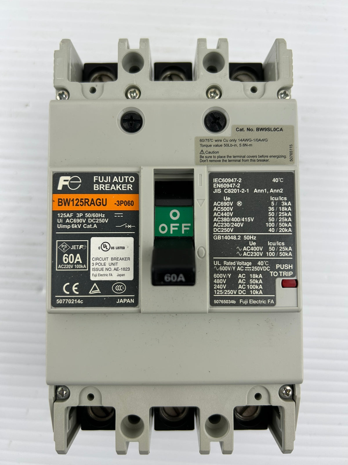 Fuji Electric BW125RAGU-3P060 60A 3 Pole Circuit Breaker 600V 50/60Hz
