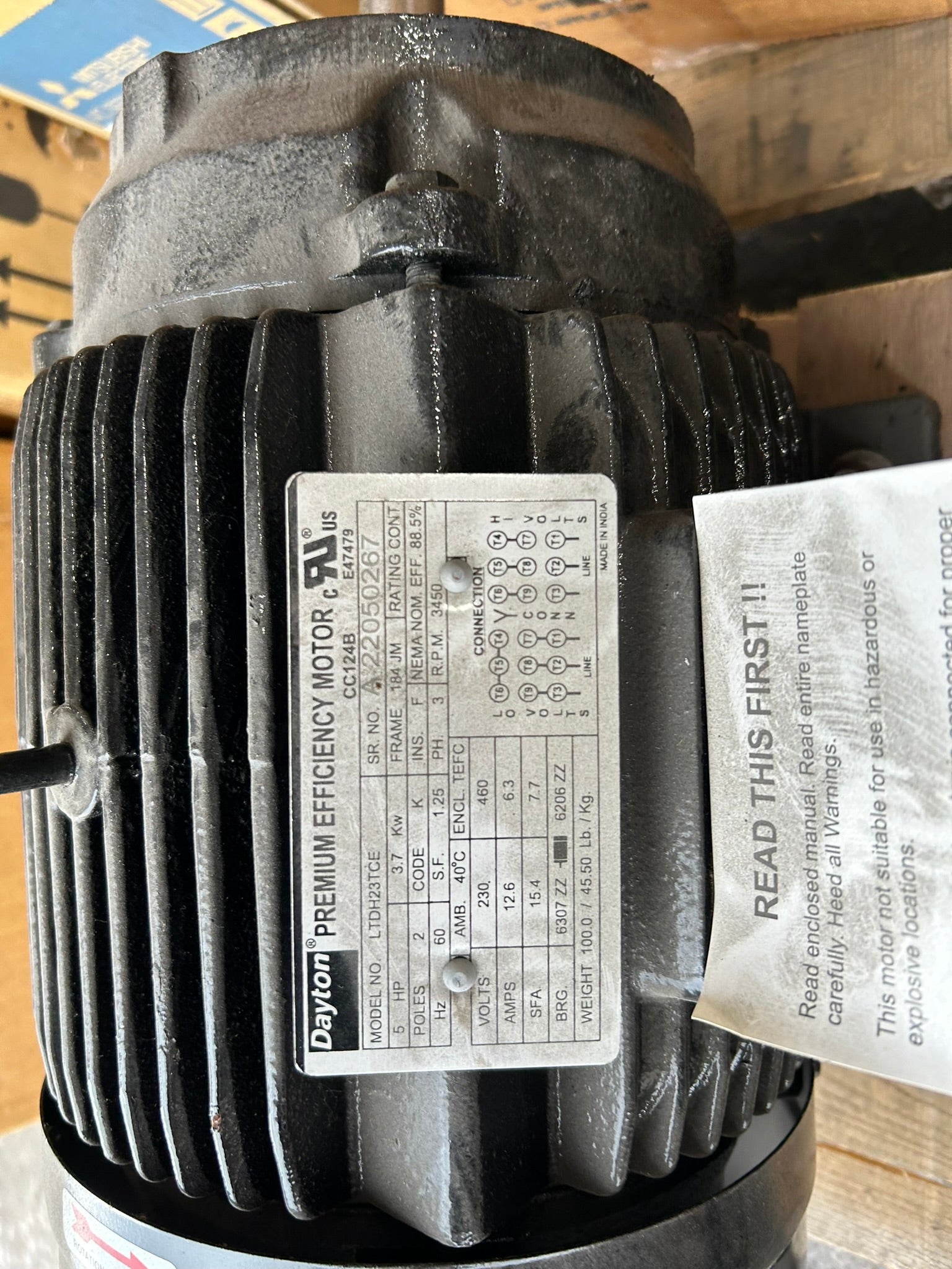 Dayton LTDH23TC-E 5HP 3PH TEFC Electric Motor 230/460V 3450RPM 184JM