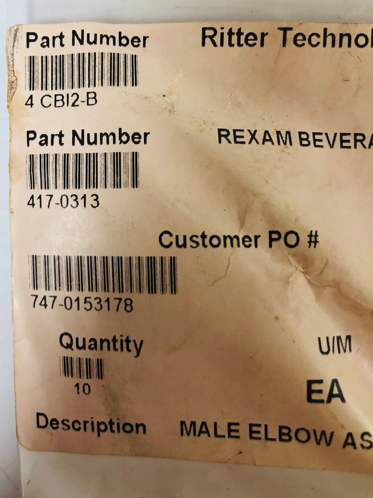 Ritter Technology Male Elbow Assembly 417-0313 (Lot of 10)