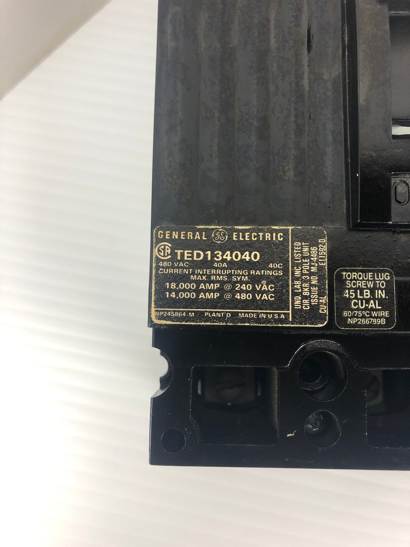 General Electric TED134040 Circuit Breaker 40A 3P 480VAC