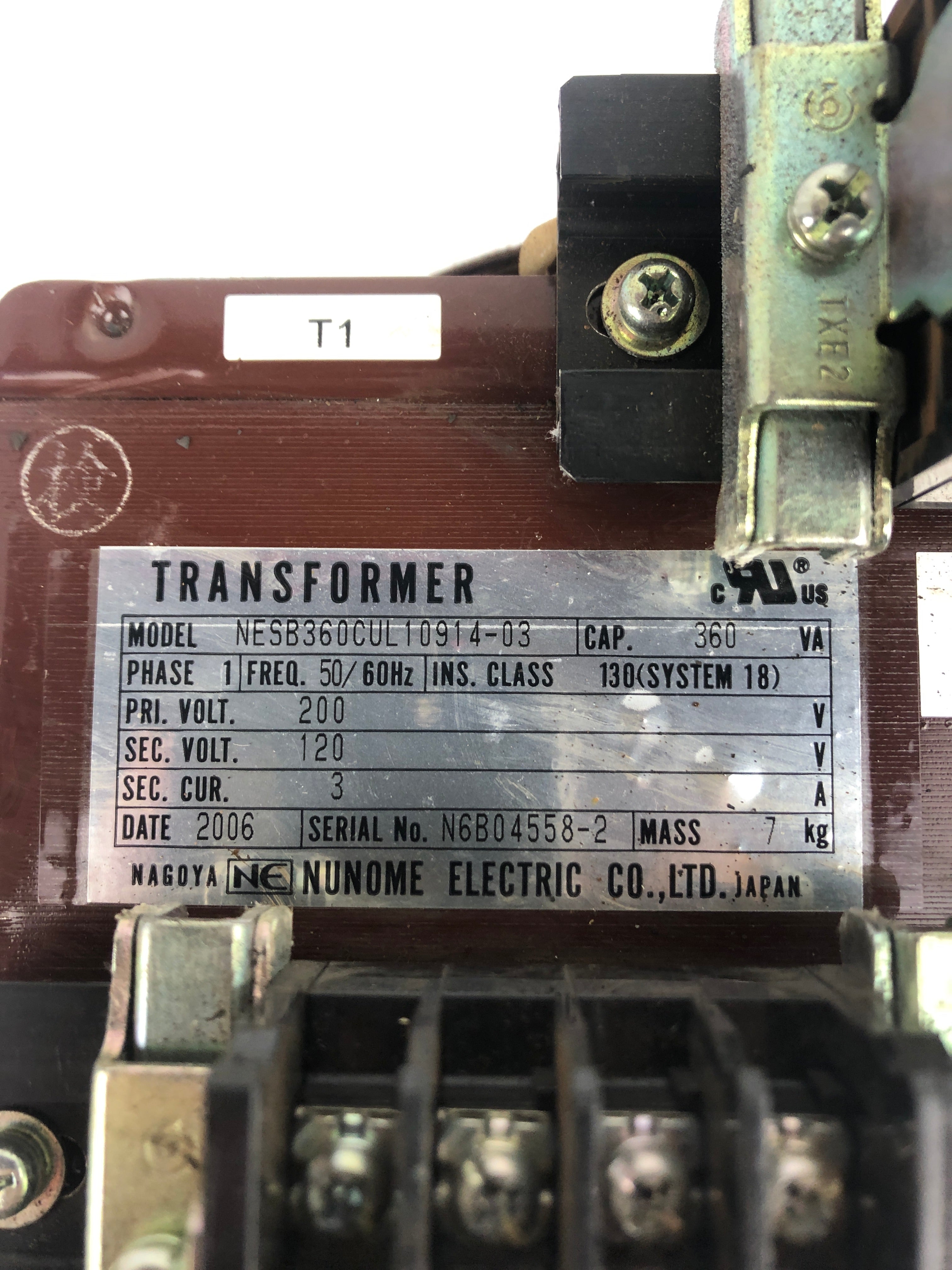 Nunome Electric NESB360CUL10914-03 Transformer 200/120V 3A