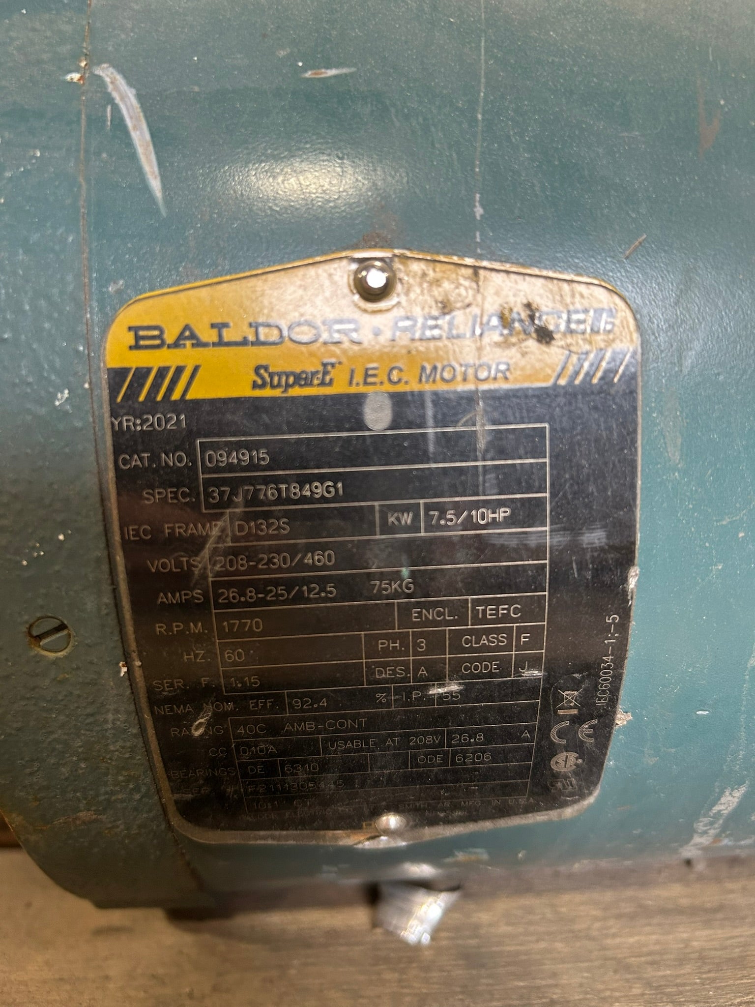 Baldor Relaince 094915 Industrial DC Motor 10 HP 1770 RPM 3PH D132S 37J776T849G1