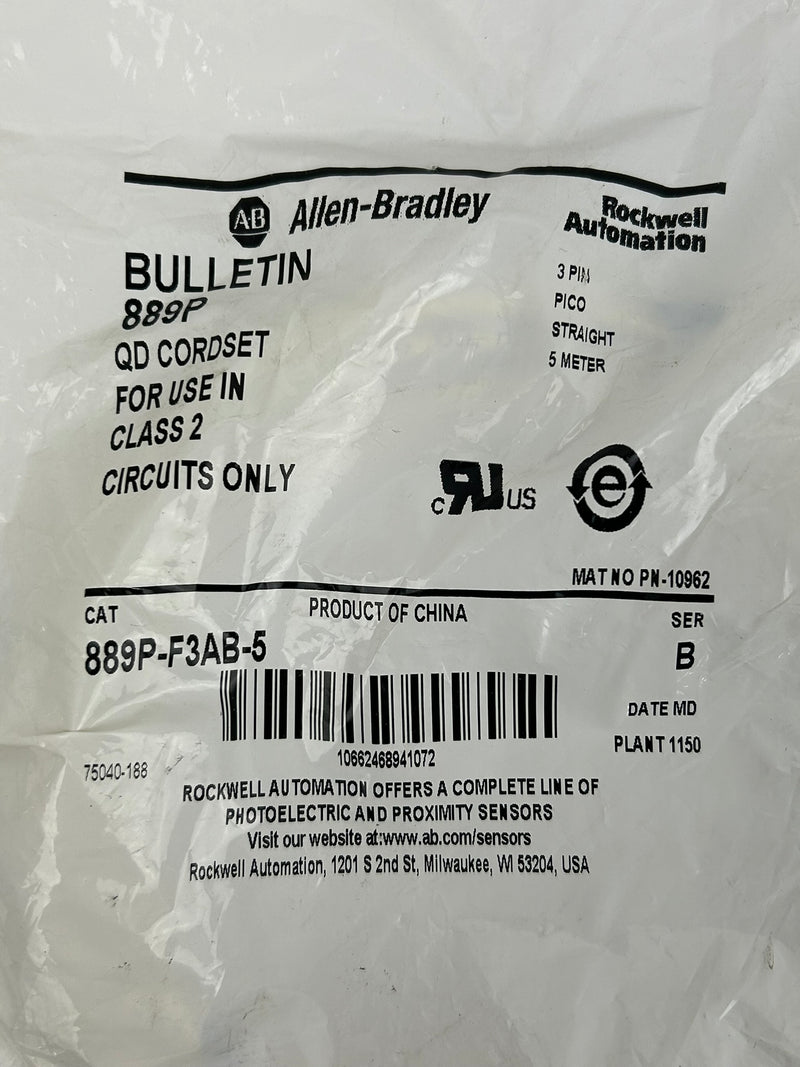 Allen-Bradley 889P-F3AB-5 QD Cordset Series B 3 Pin 5m Rockwell Automation