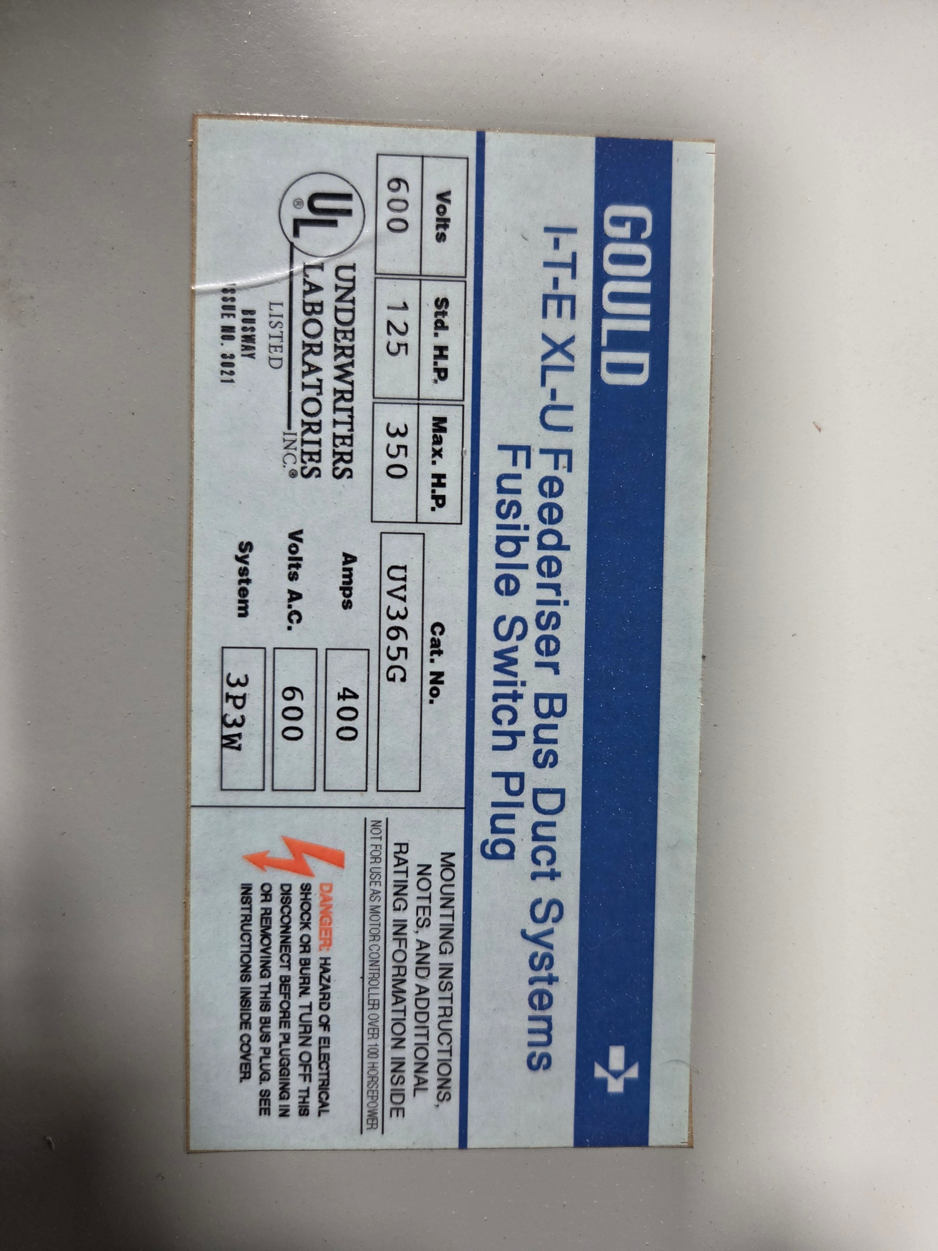 Gould ITE XL-U UV365G Bus Plug Fusible Safety Switch 400A 600VAC Busway 3P 3W