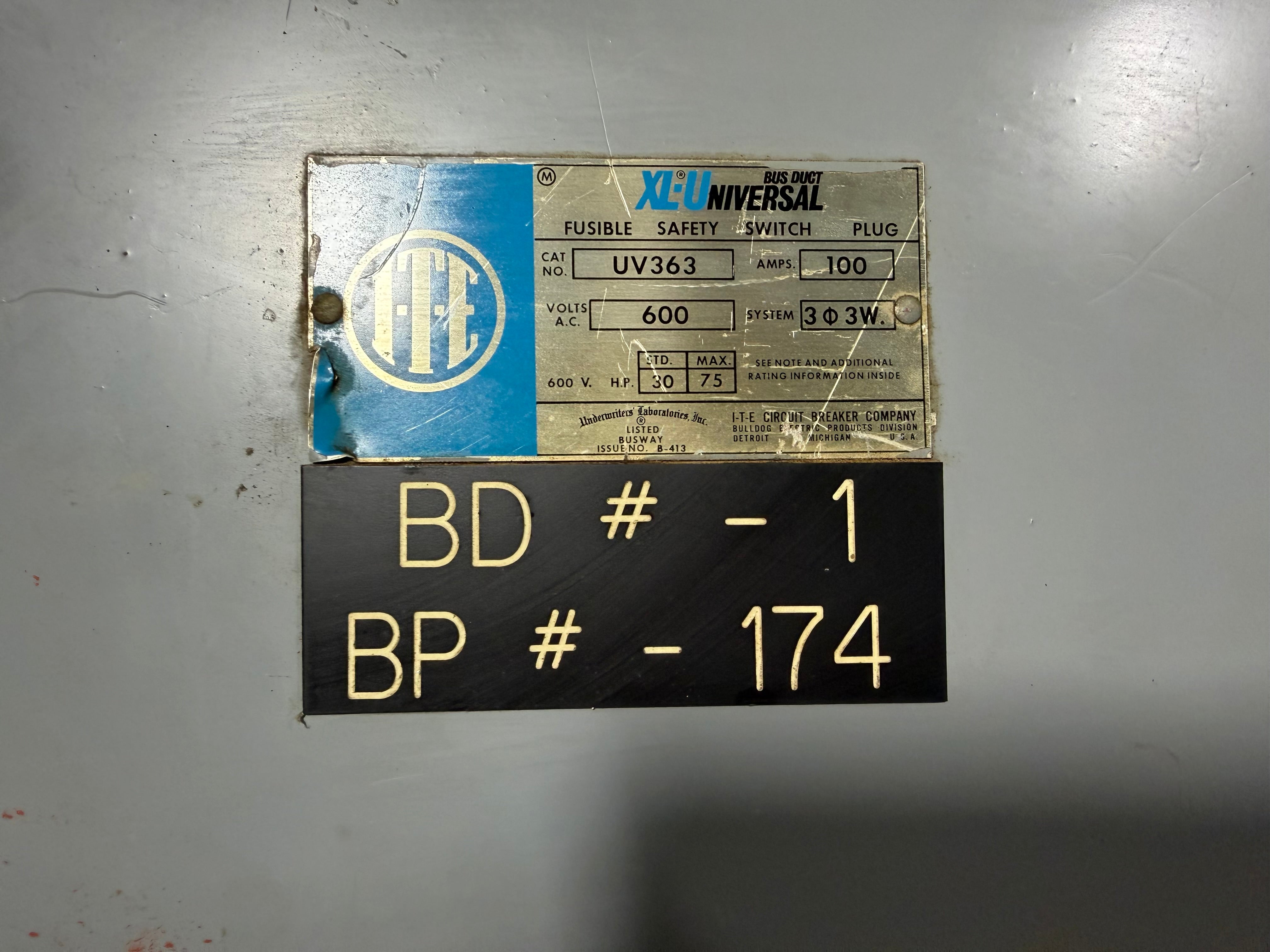 ITE Gould UV363 XL-U Fusible Bus Plug 100A 600V 3PH 3W Used