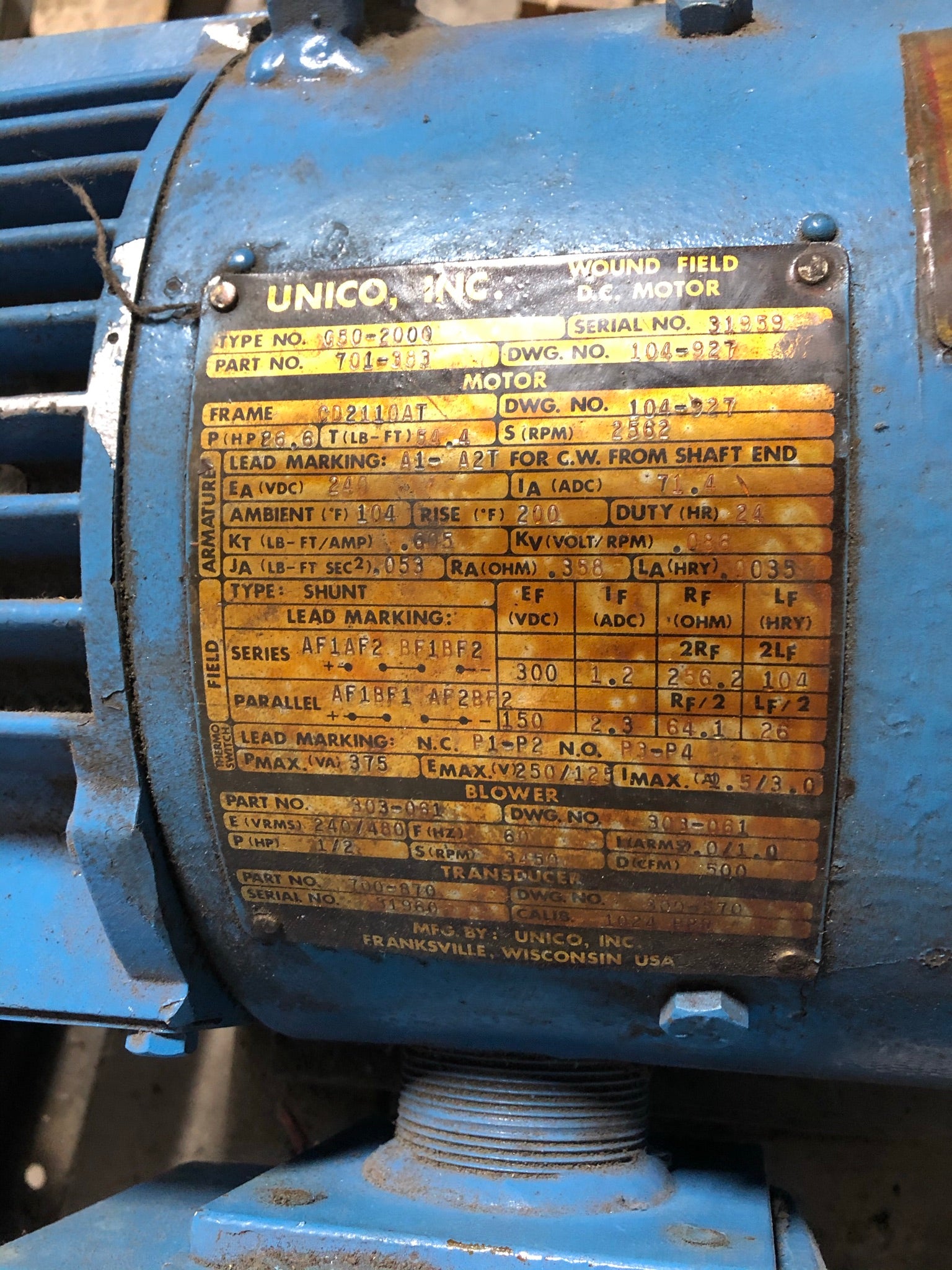 Unico Wound Field DC Motor 26HP 701-383 Blower 303-061 Transducer 700-870