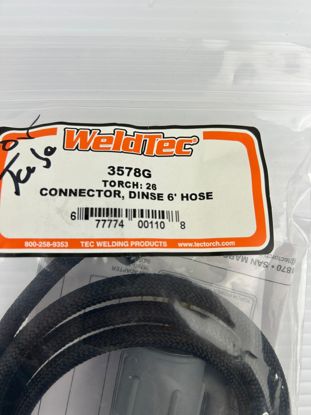WeldTec 3578G DINSE Connector 35/50mm 6' Side Gas Hose TIG Weld Torch Series 26