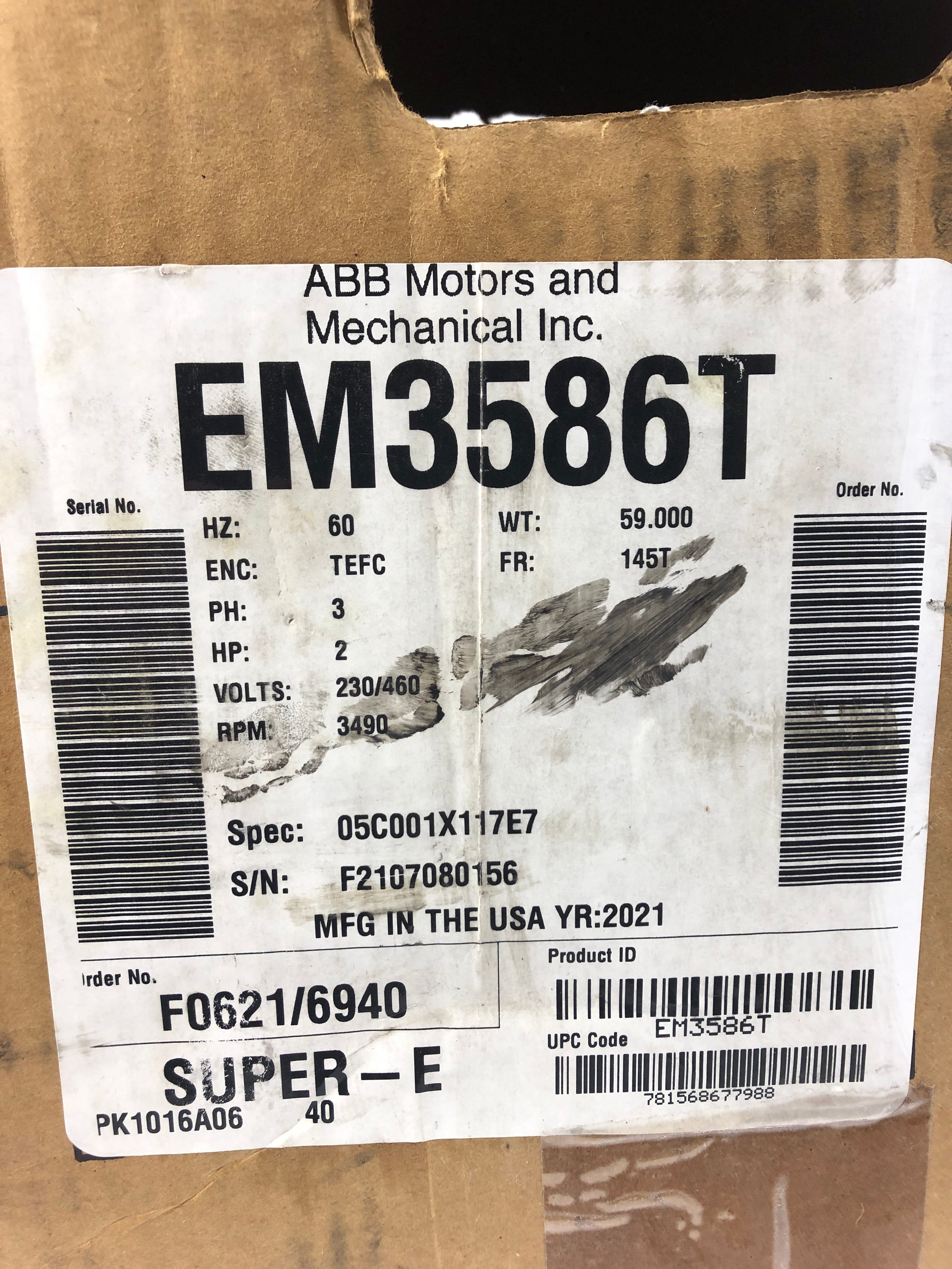 Baldor Reliance EM3586T Super E Motor 2HP 3490 RPM 3PH 145T