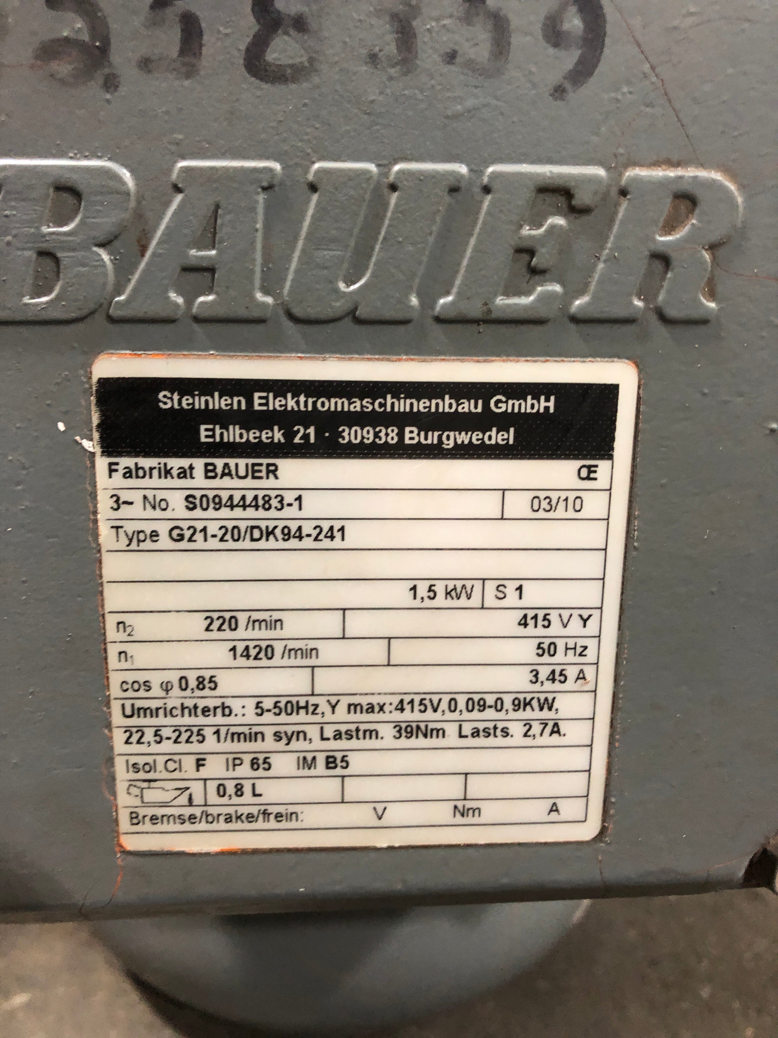 Bauer S0944483-1 Gearmotor G21-20/DK94-241 415V 3,45A 50Hz 1,5kW