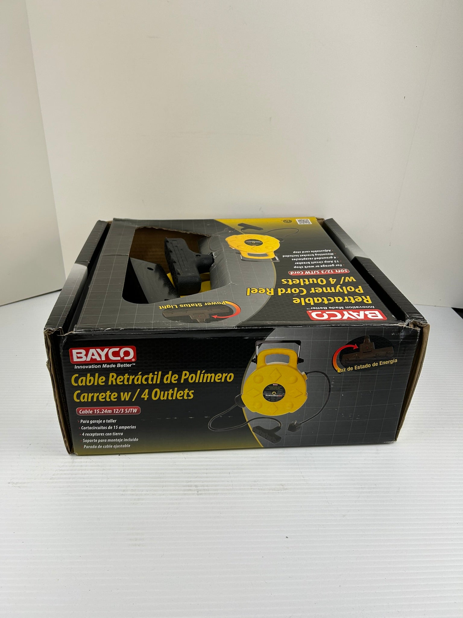 Bayco Retractable Polymer Cord Reel with 4 Outlets 50 Foot 12/3 SJTW Cord