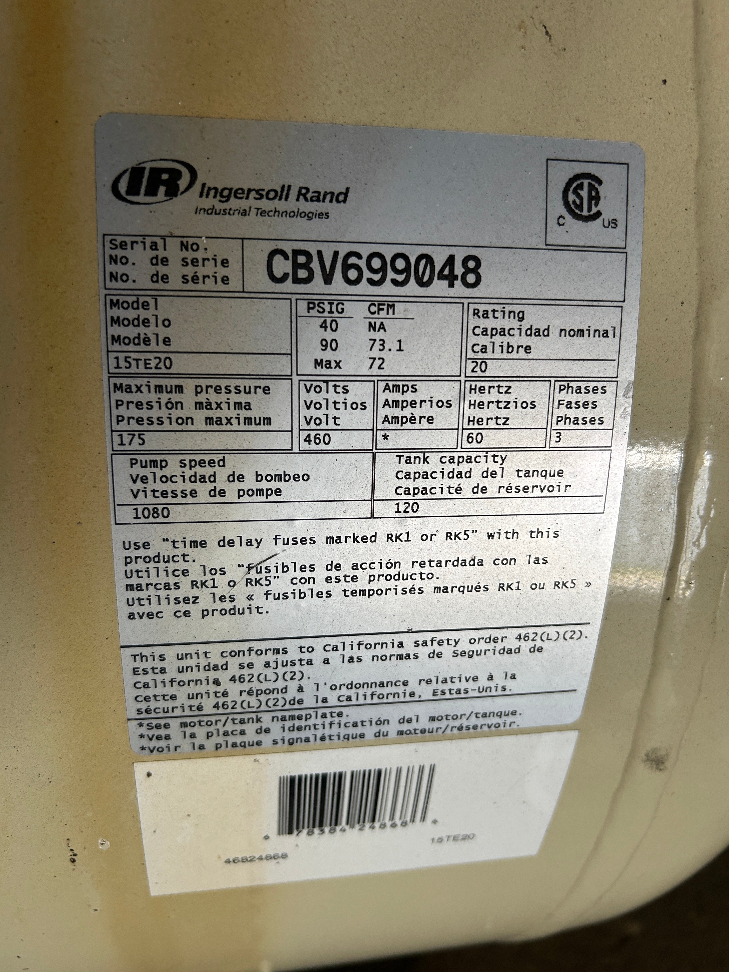 Ingersoll Rand 15T Air Compressor 15TE20 CBV699048 15-20HP 3PH 460V 175PSIG