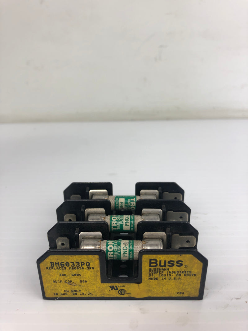 Buss BM6033PQ Fuse Holder with Tron FNQ-2 Fuses 30A 600V 3 Pole