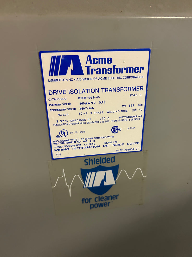 Acme DTGB-093-4S Drive Isolation Transformer 93kVA Style G 3PH 460V