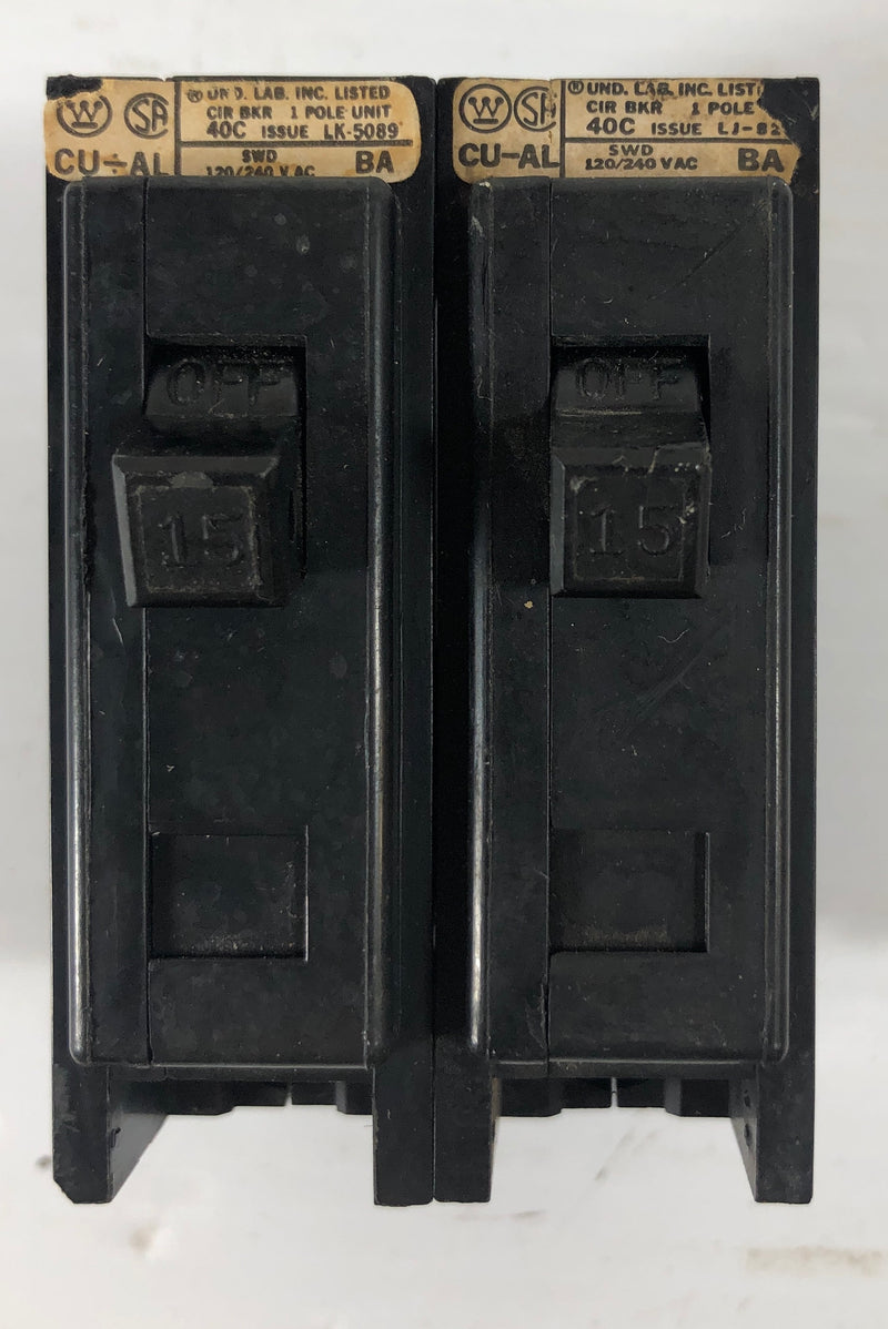 Westinghouse Type BA Circuit Breaker 15 Amp 1 Pole (Lot of 2)