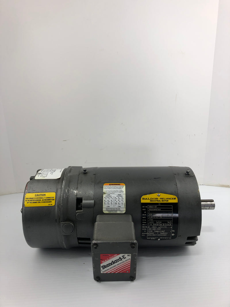 Baldor Reliance VBM3116T Brake Motor 1HP 1750RPM 3PH with Stearns 105602100BPF