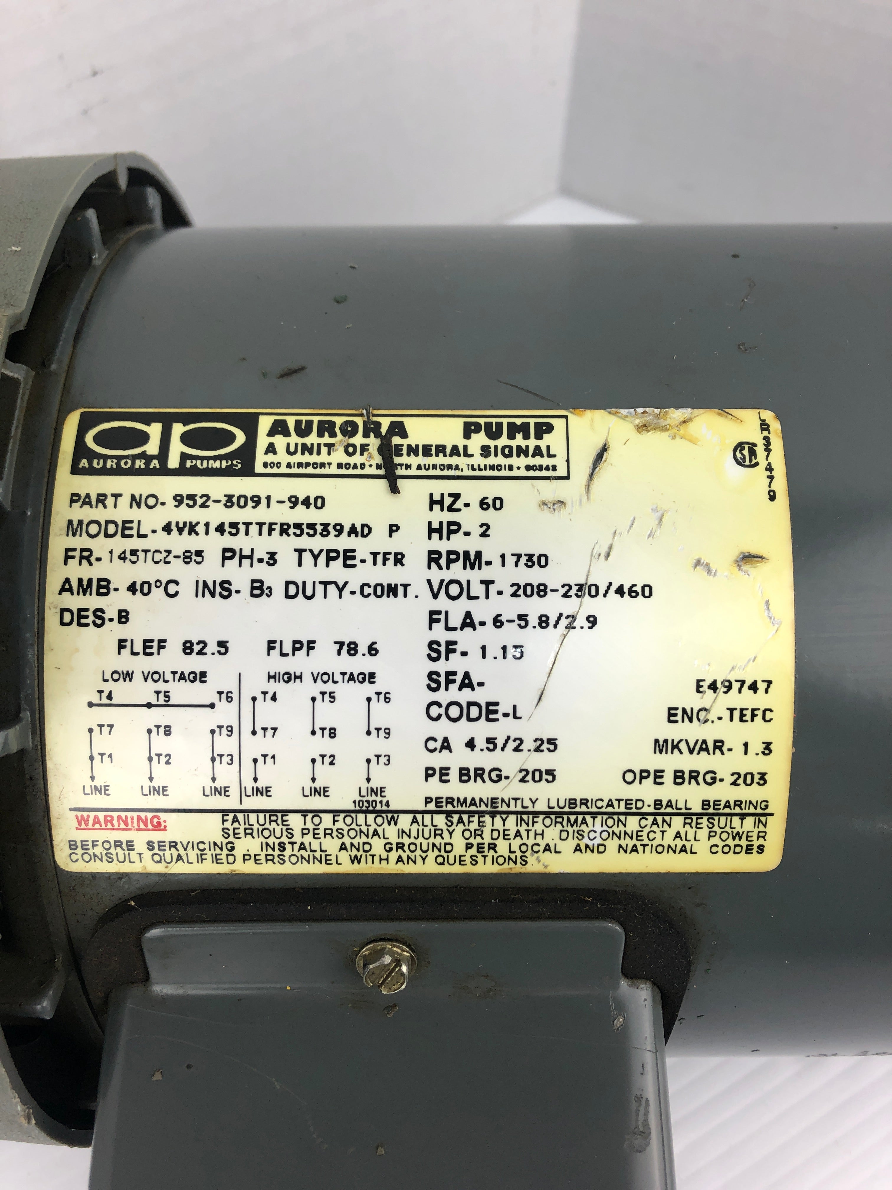 Aurora Pumps 952-3091-940 Motor TRF 2HP 1730 RPM 3PH