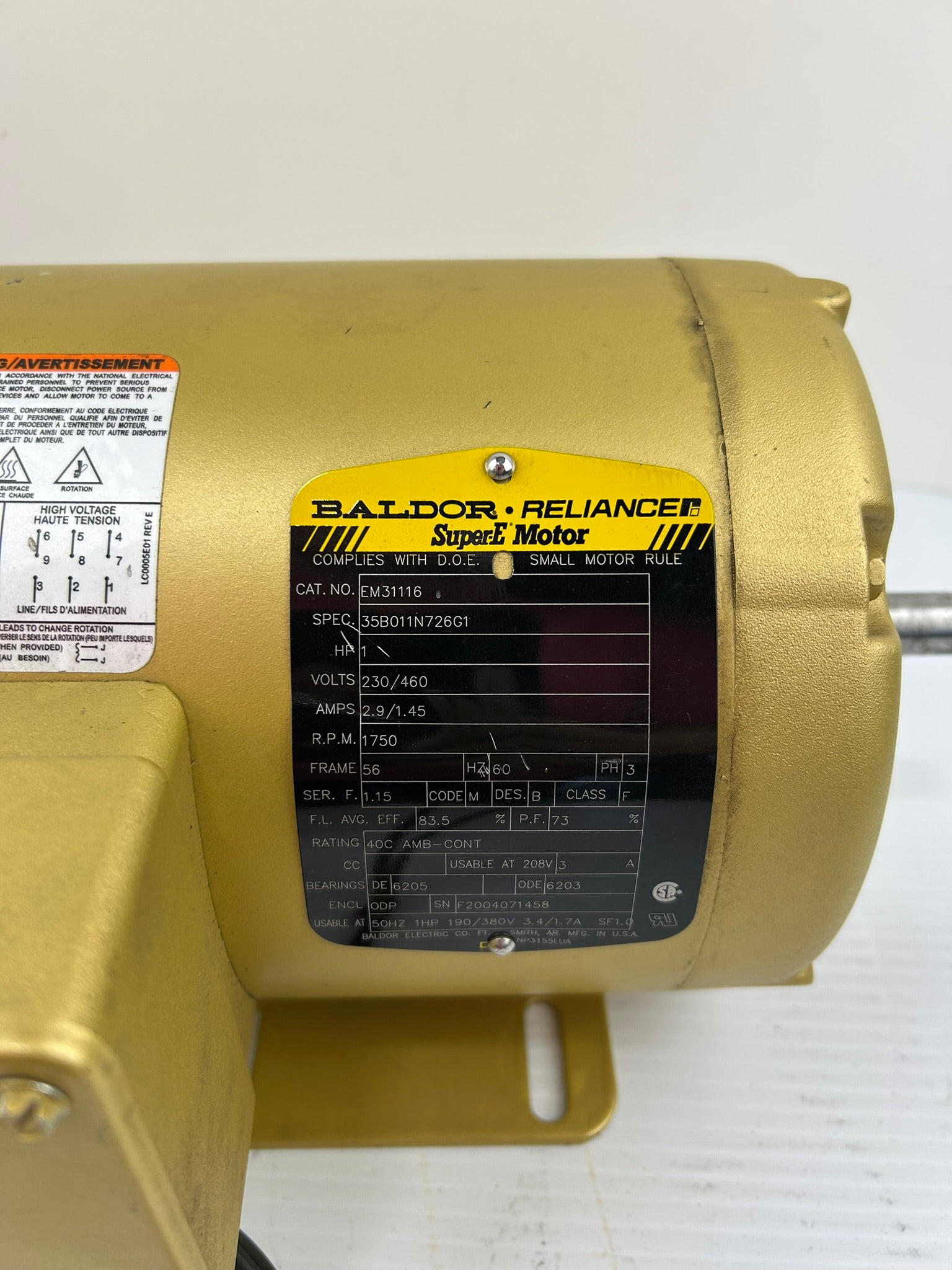 Baldor EM31116 Super E DC Electric Motor 1 HP 1750 RPM 3PH 56 Frame