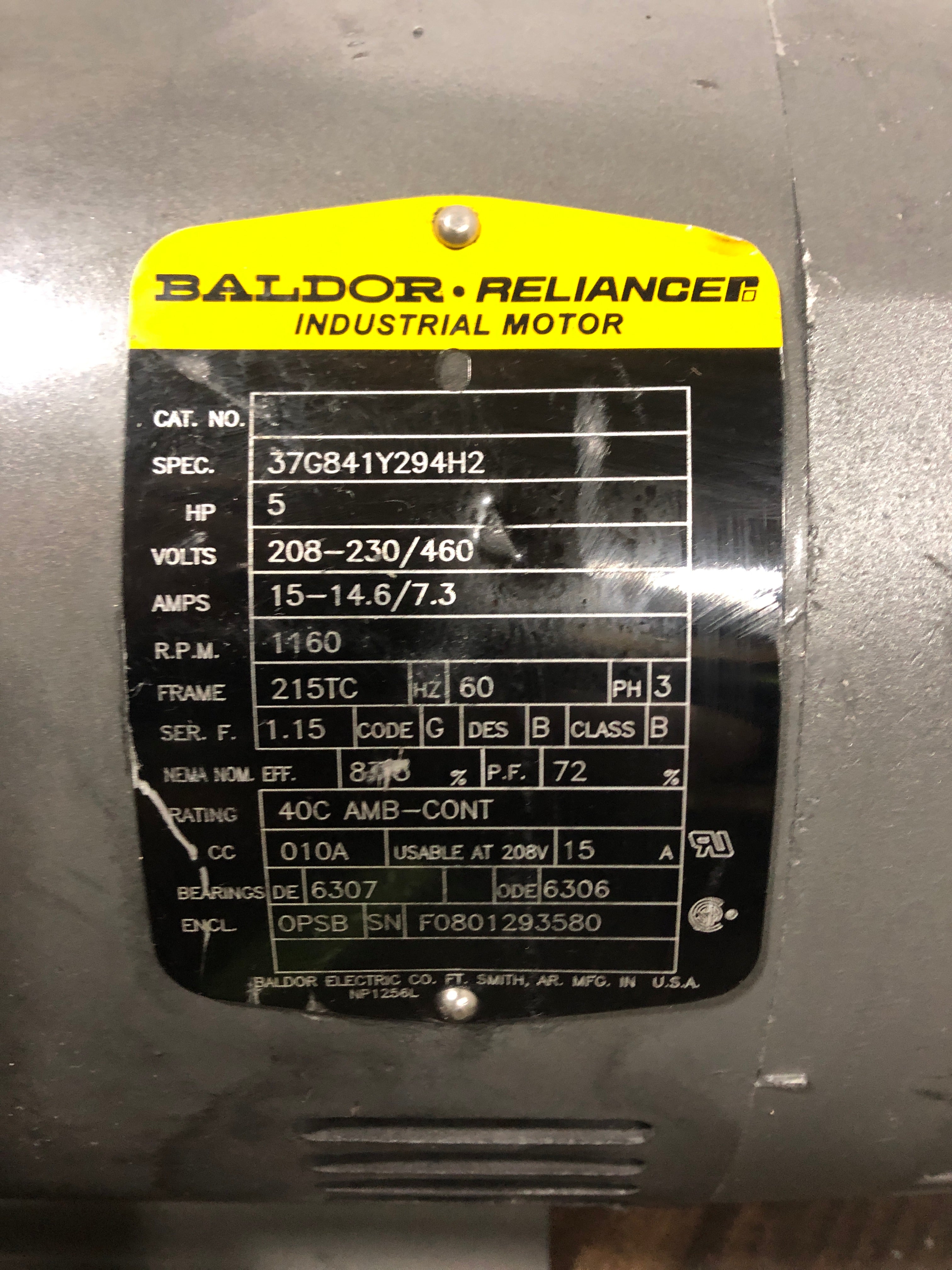 Baldor Reliance 5HP Industrial Motor 37G841Y294H2 1160 RPM 3PH 215TC Frame
