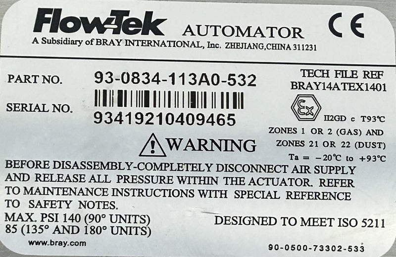 Flow-Tek Automator 93-0834-113A0-532 Ball Valve Actuator with CH6234