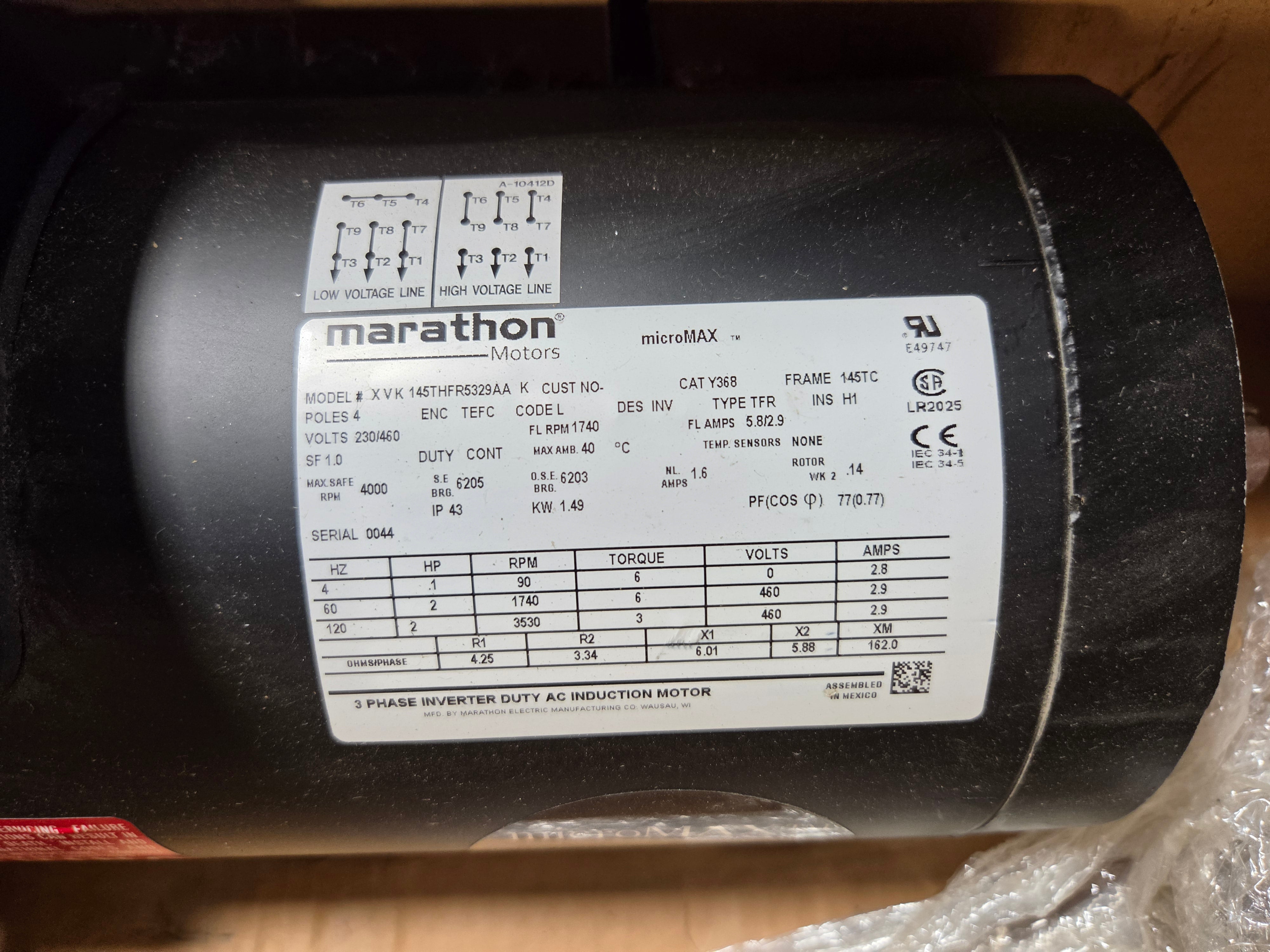Marathon 145THFR5329 AC Motor microMAXX 2HP 1740RPM 230/460V 3PH 145THFR5329AA