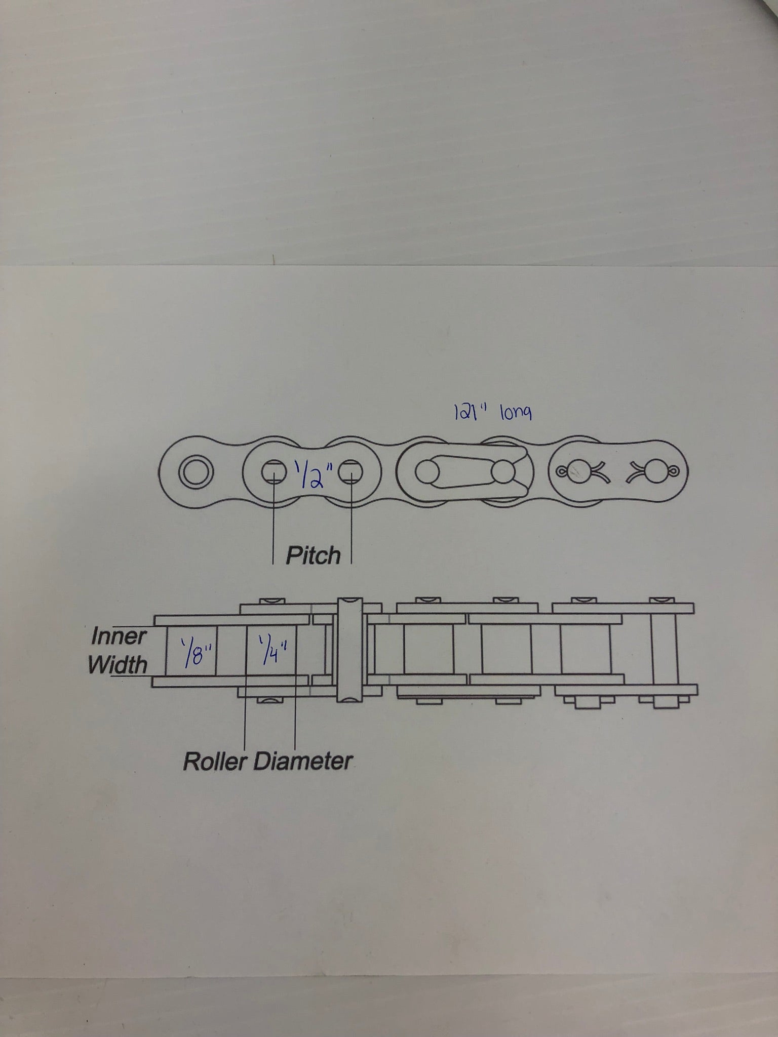 Roller Chain 121" Long 1/2" Pitch 1/8" Inner Width 1/4" Diameter