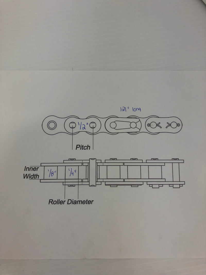 Roller Chain 121" Long 1/2" Pitch 1/8" Inner Width 1/4" Diameter