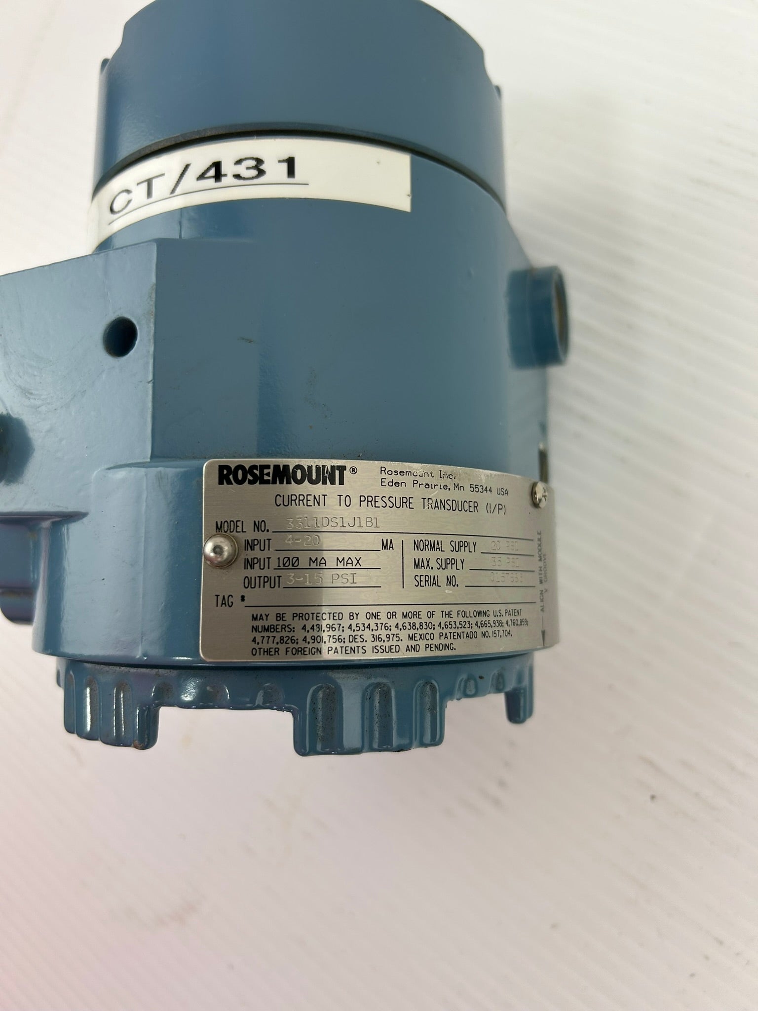 Rosemount 3311DS1J1B1 Current Pressure Transducer 3-15 PSI
