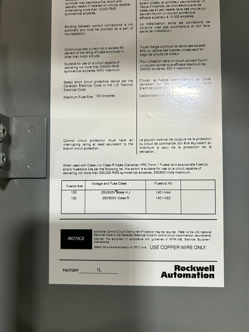 Allen-Bradley 1494G-DF3R6-420 Rockwell Automation Enclosed Switch AL-208 Ser 1